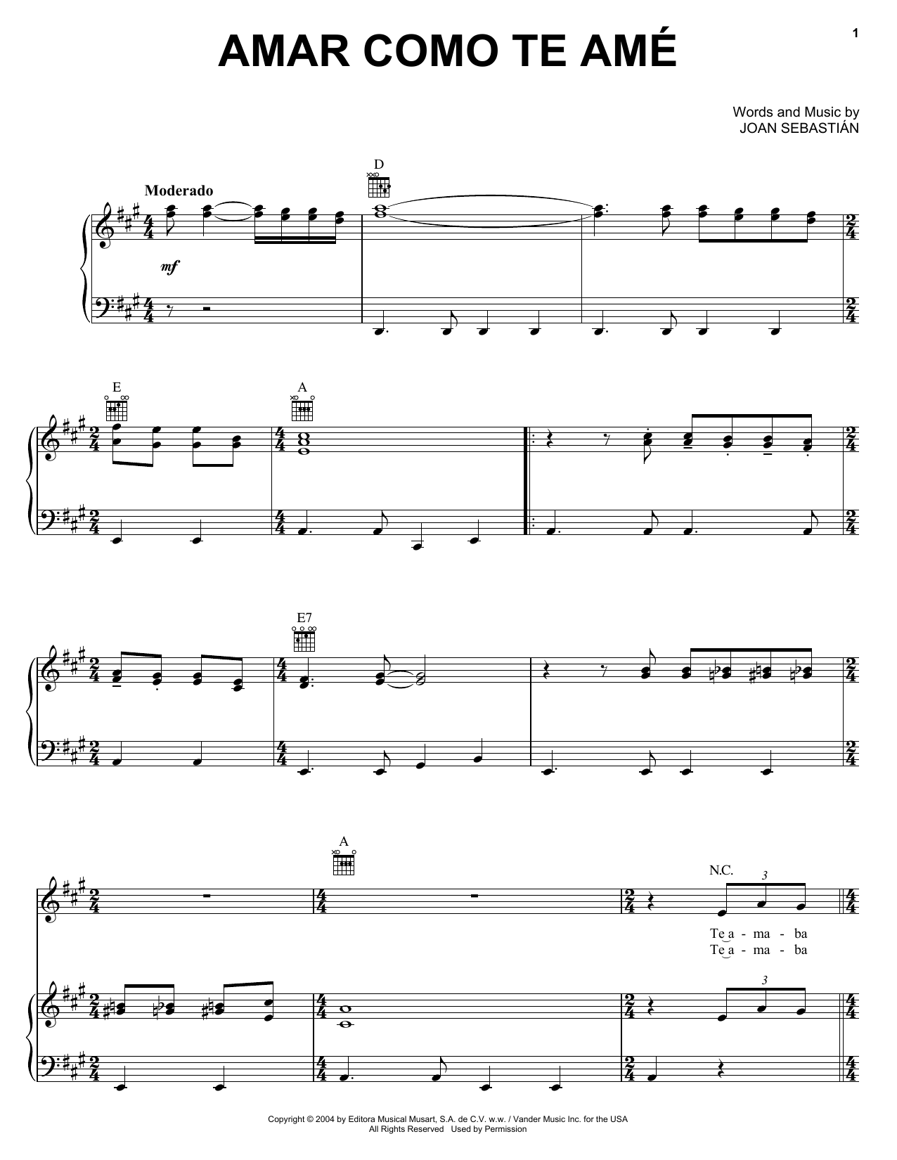 Download Joan Sebastián Amar Como Te Ame Sheet Music and learn how to play Piano, Vocal & Guitar (Right-Hand Melody) PDF digital score in minutes