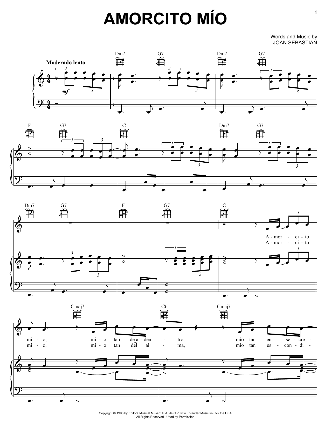 Download Joan Sebastian Amorcito Mío Sheet Music and learn how to play Piano, Vocal & Guitar (Right-Hand Melody) PDF digital score in minutes