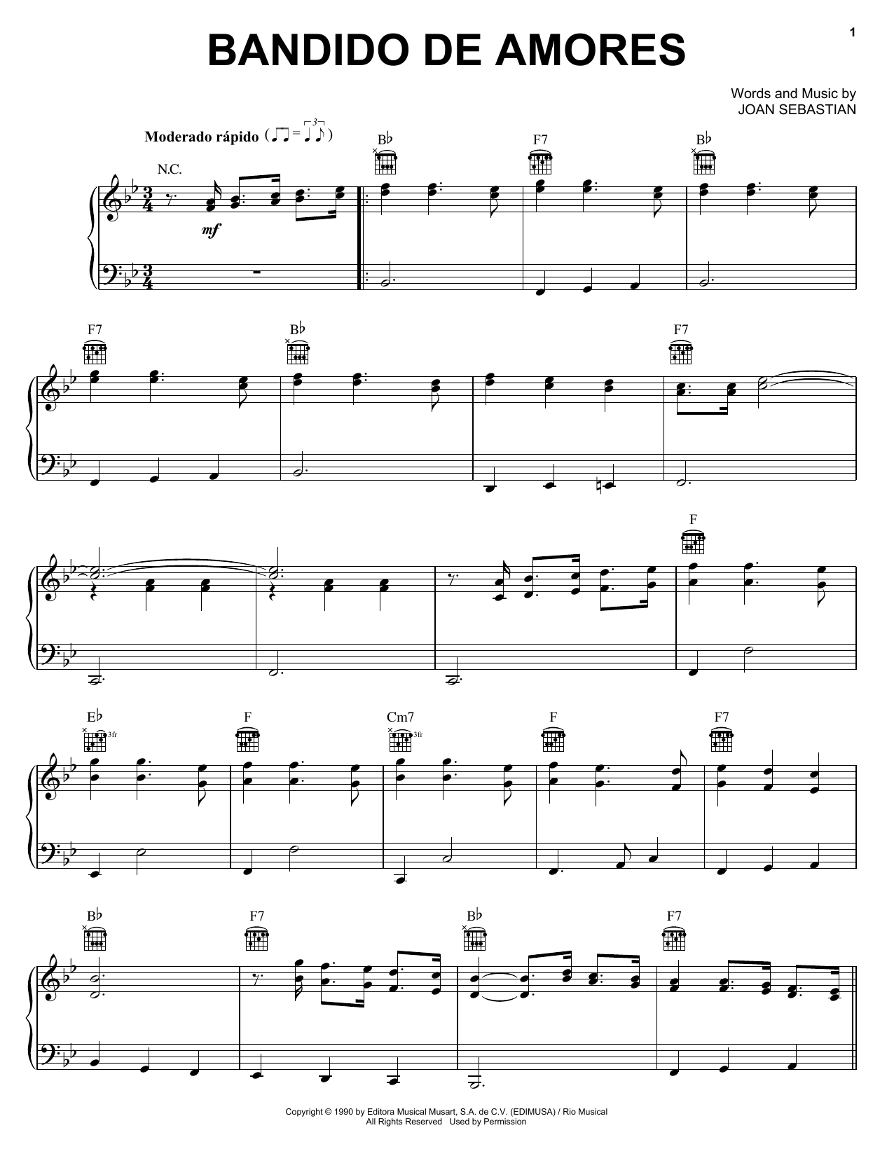 Download Joan Sebastian Bandido De Amores Sheet Music and learn how to play Piano, Vocal & Guitar (Right-Hand Melody) PDF digital score in minutes