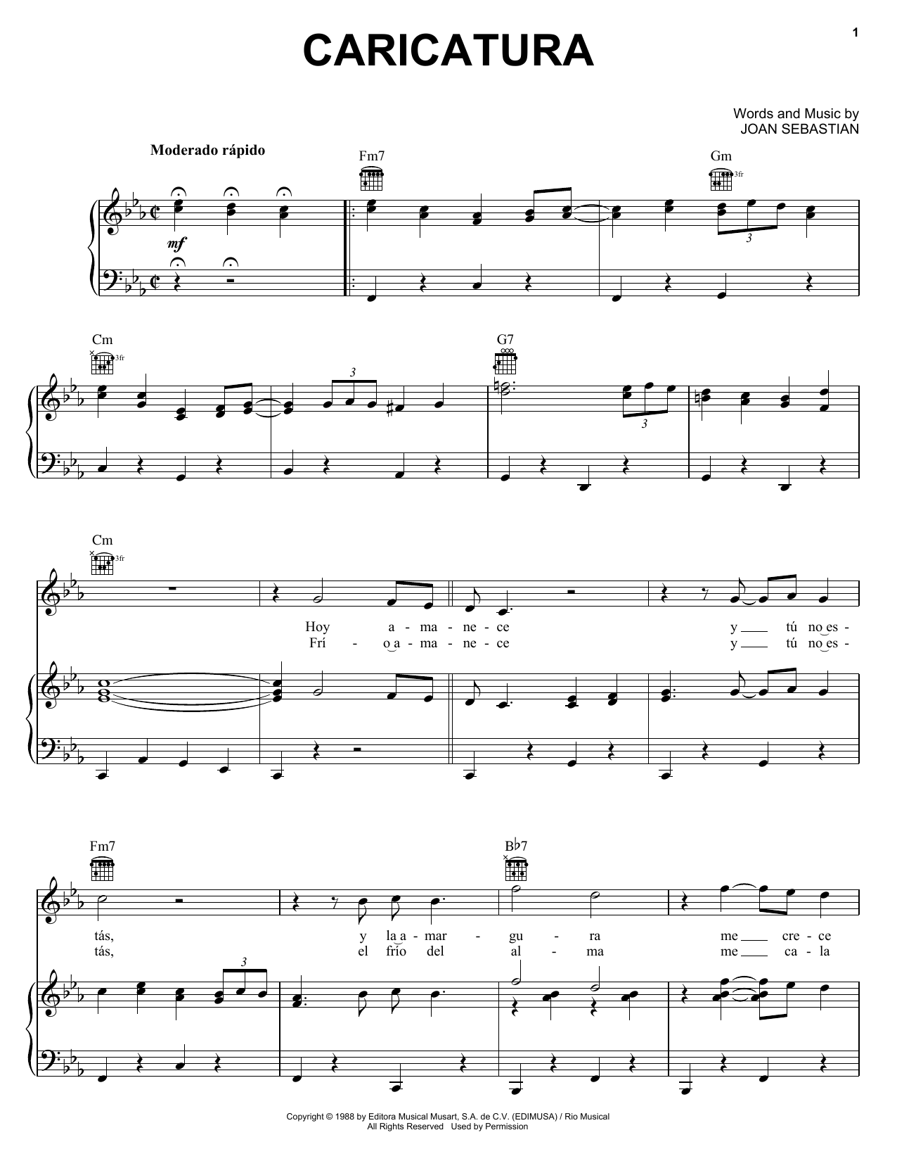 Download Joan Sebastian Caricatura Sheet Music and learn how to play Piano, Vocal & Guitar (Right-Hand Melody) PDF digital score in minutes