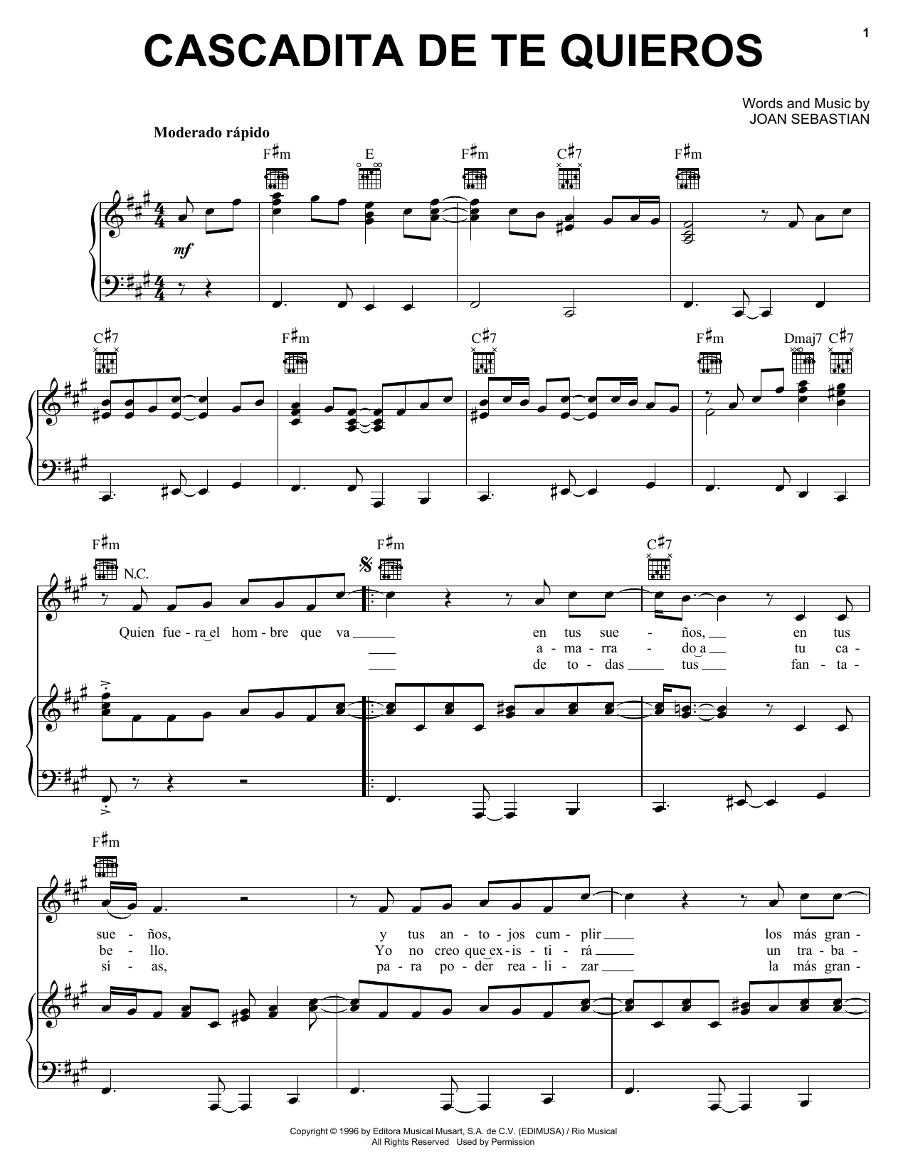 Download Joan Sebastian Cascadita De Te Quieros Sheet Music and learn how to play Piano, Vocal & Guitar (Right-Hand Melody) PDF digital score in minutes