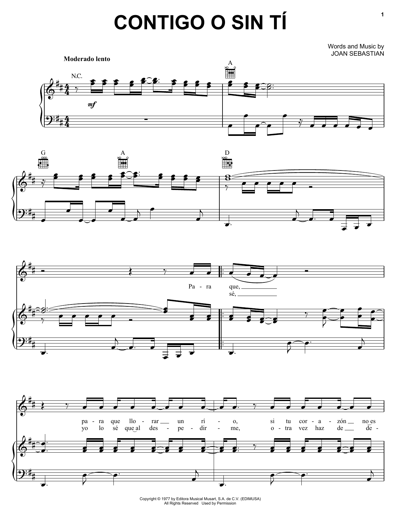 Download Joan Sebastian Contigo O Sin Tí Sheet Music and learn how to play Piano, Vocal & Guitar (Right-Hand Melody) PDF digital score in minutes