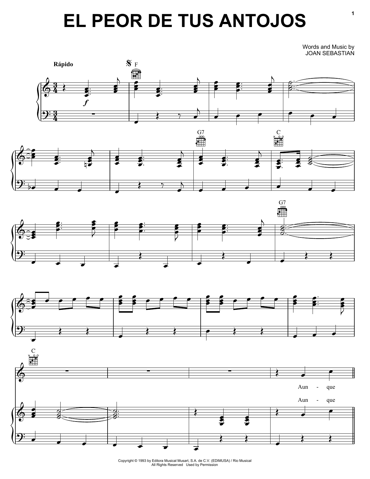 Download Joan Sebastian El Peor De Tus Antojos Sheet Music and learn how to play Piano, Vocal & Guitar (Right-Hand Melody) PDF digital score in minutes