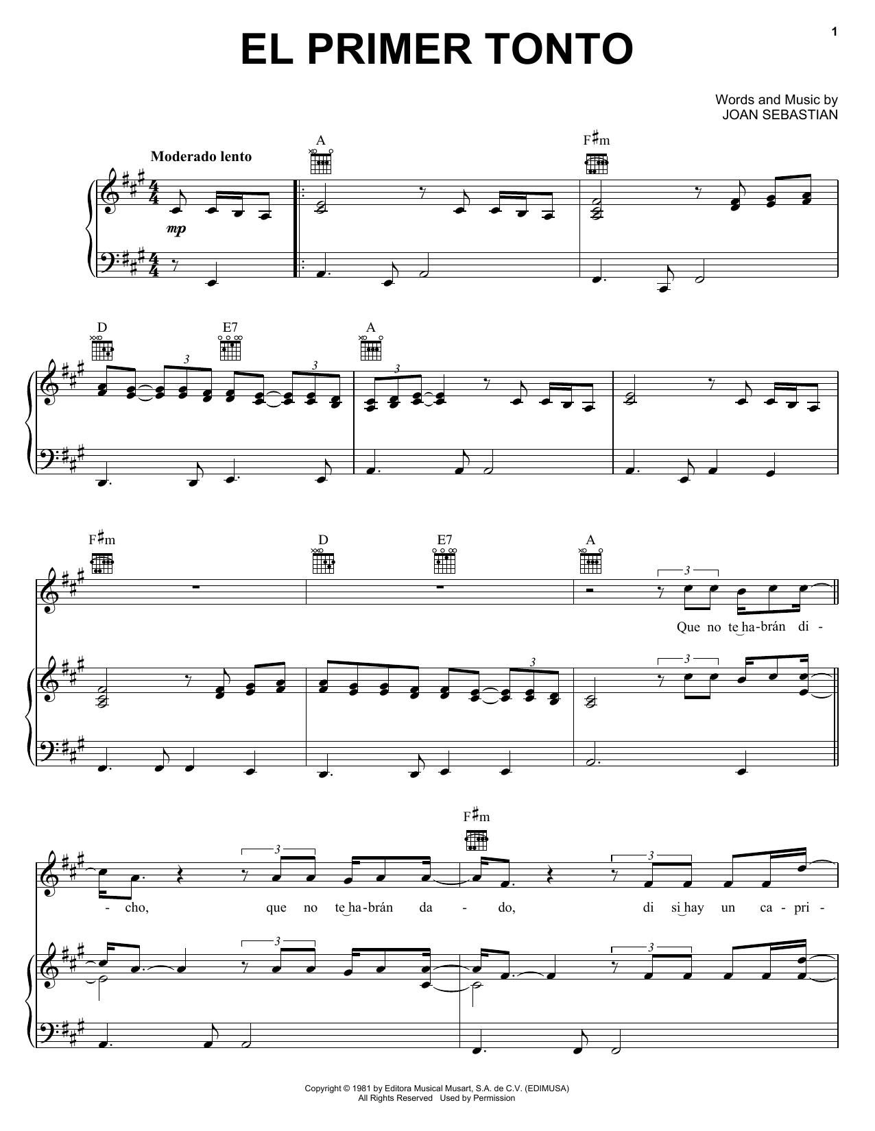 Download Joan Sebastian El Primer Tonto Sheet Music and learn how to play Piano, Vocal & Guitar (Right-Hand Melody) PDF digital score in minutes