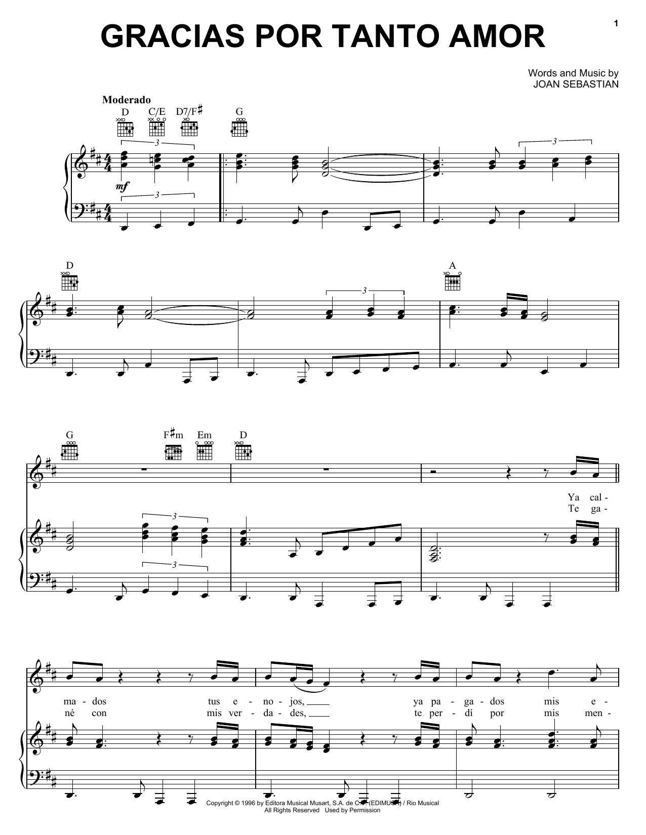 Download Joan Sebastian Gracias Por Tanto Amor Sheet Music and learn how to play Piano, Vocal & Guitar (Right-Hand Melody) PDF digital score in minutes