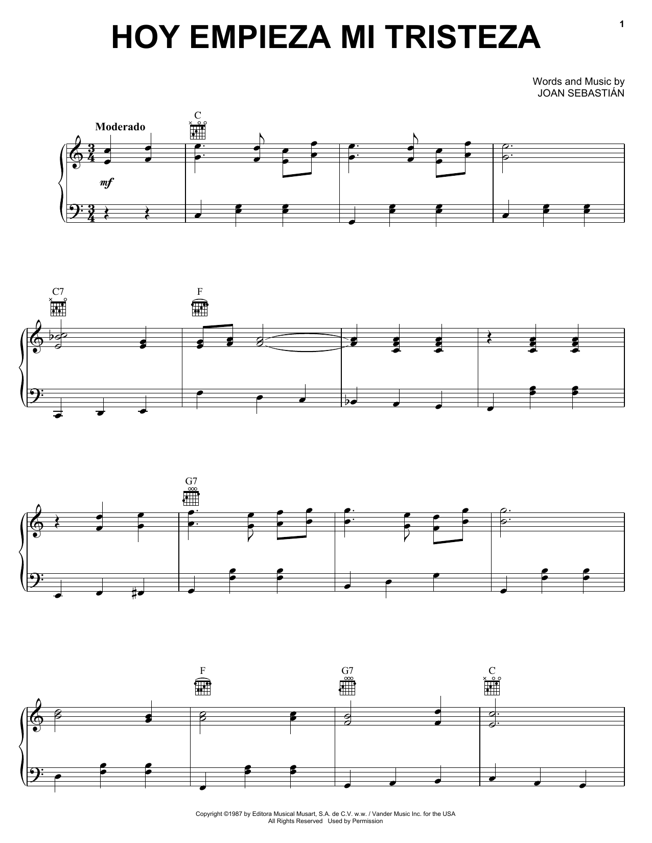 Download Joan Sebastián Hoy Empieza Mi Tristeza Sheet Music and learn how to play Piano, Vocal & Guitar (Right-Hand Melody) PDF digital score in minutes