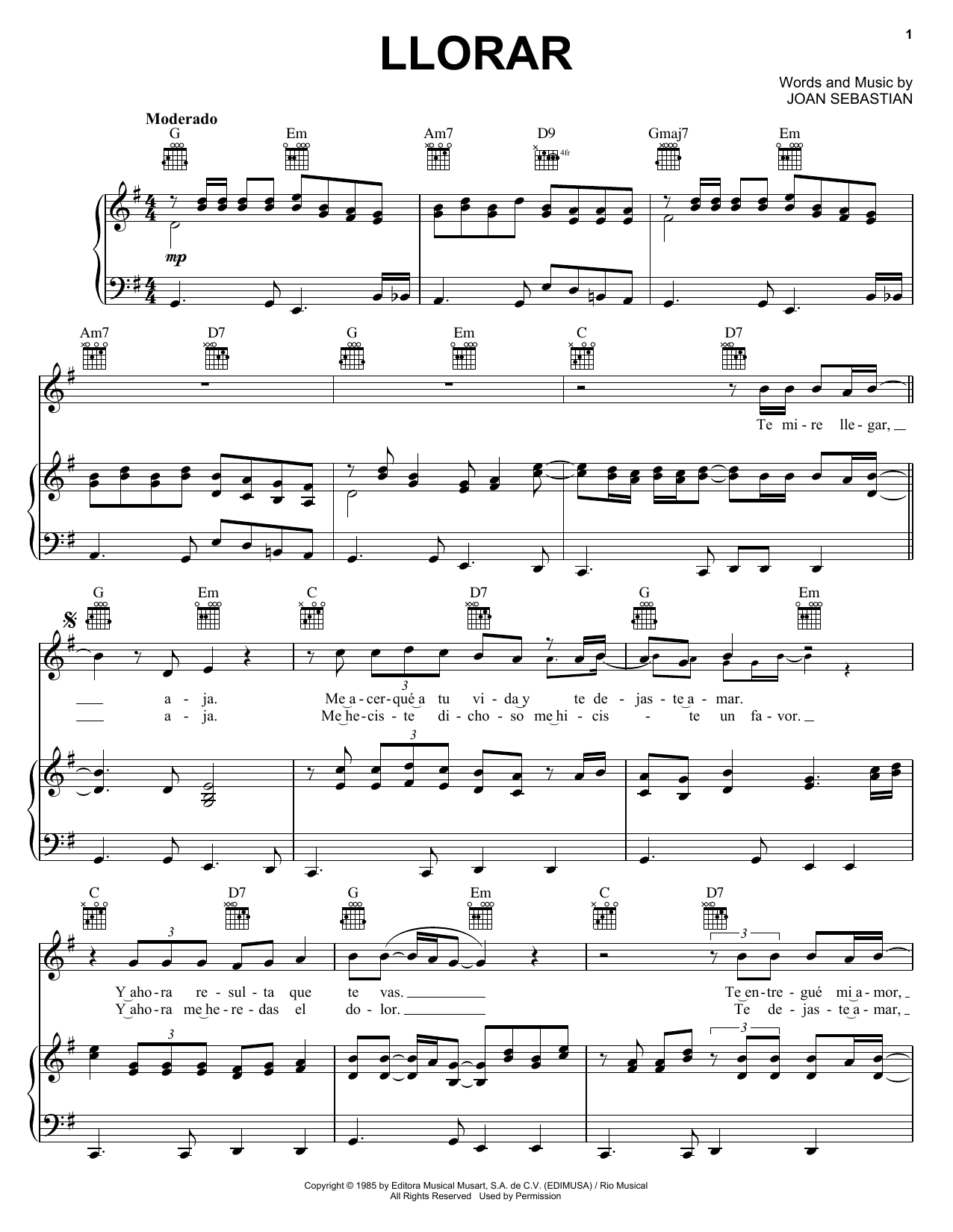 Download Joan Sebastian Llorar Sheet Music and learn how to play Piano, Vocal & Guitar (Right-Hand Melody) PDF digital score in minutes