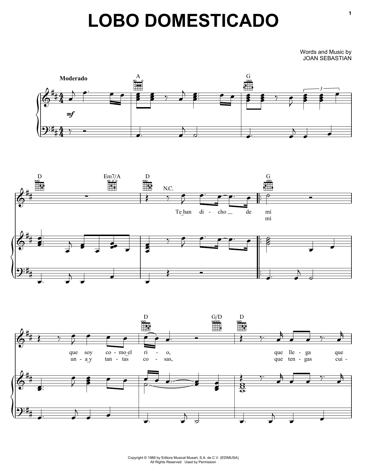 Download Joan Sebastian Lobo Domesticado Sheet Music and learn how to play Piano, Vocal & Guitar (Right-Hand Melody) PDF digital score in minutes