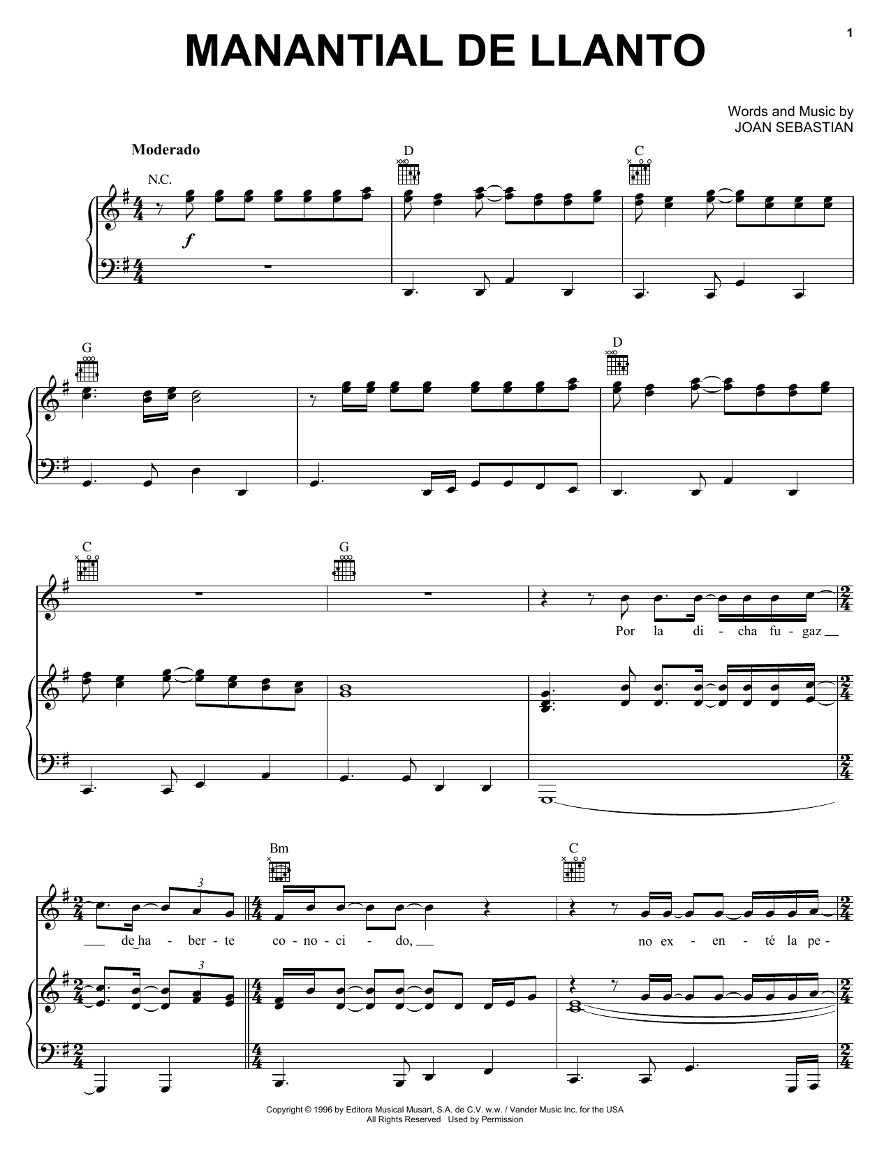 Download Joan Sebastian Manantial De Llanto Sheet Music and learn how to play Piano, Vocal & Guitar (Right-Hand Melody) PDF digital score in minutes