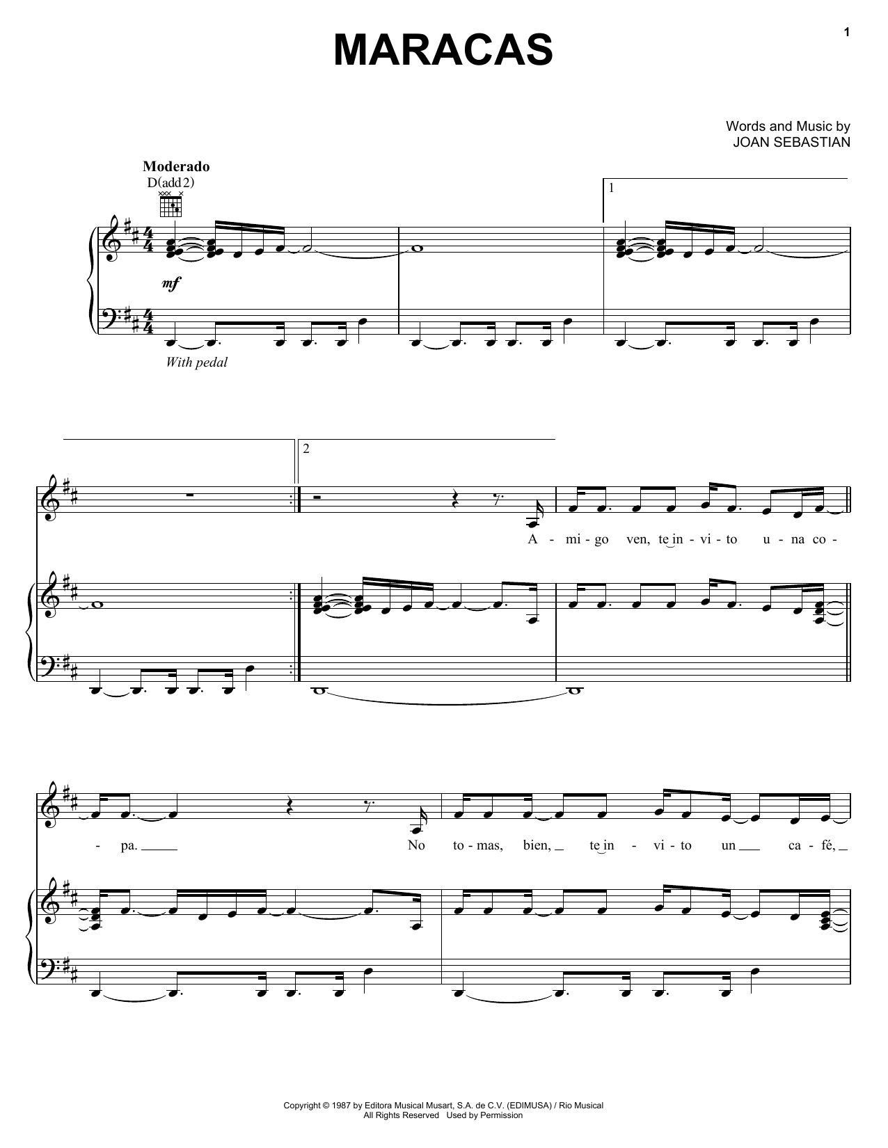 Download Joan Sebastian Maracas Sheet Music and learn how to play Piano, Vocal & Guitar (Right-Hand Melody) PDF digital score in minutes