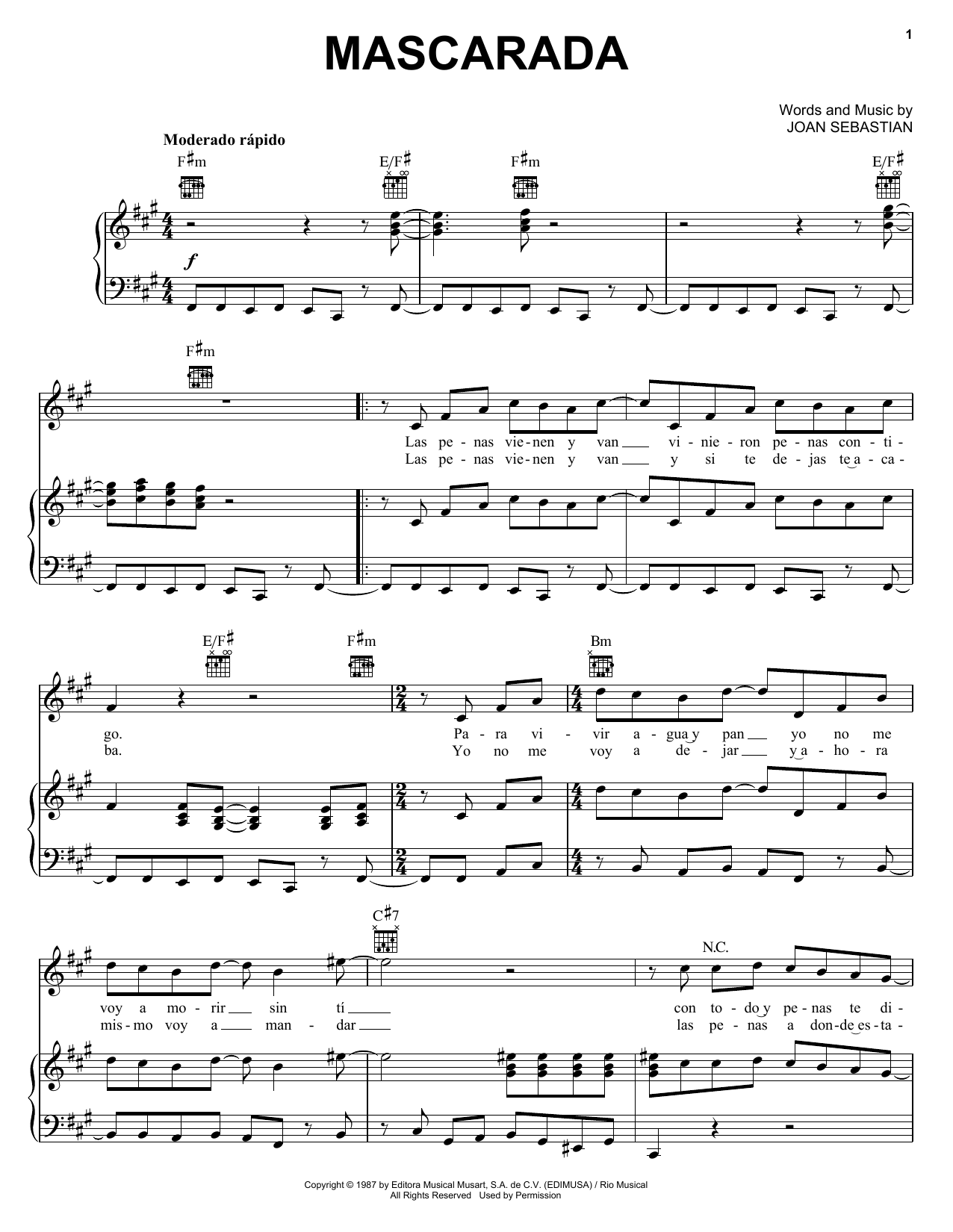 Download Joan Sebastian Mascarada Sheet Music and learn how to play Piano, Vocal & Guitar (Right-Hand Melody) PDF digital score in minutes