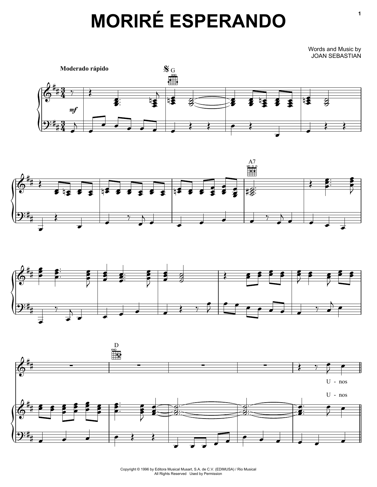 Download Joan Sebastian Morire Esperando Sheet Music and learn how to play Piano, Vocal & Guitar (Right-Hand Melody) PDF digital score in minutes