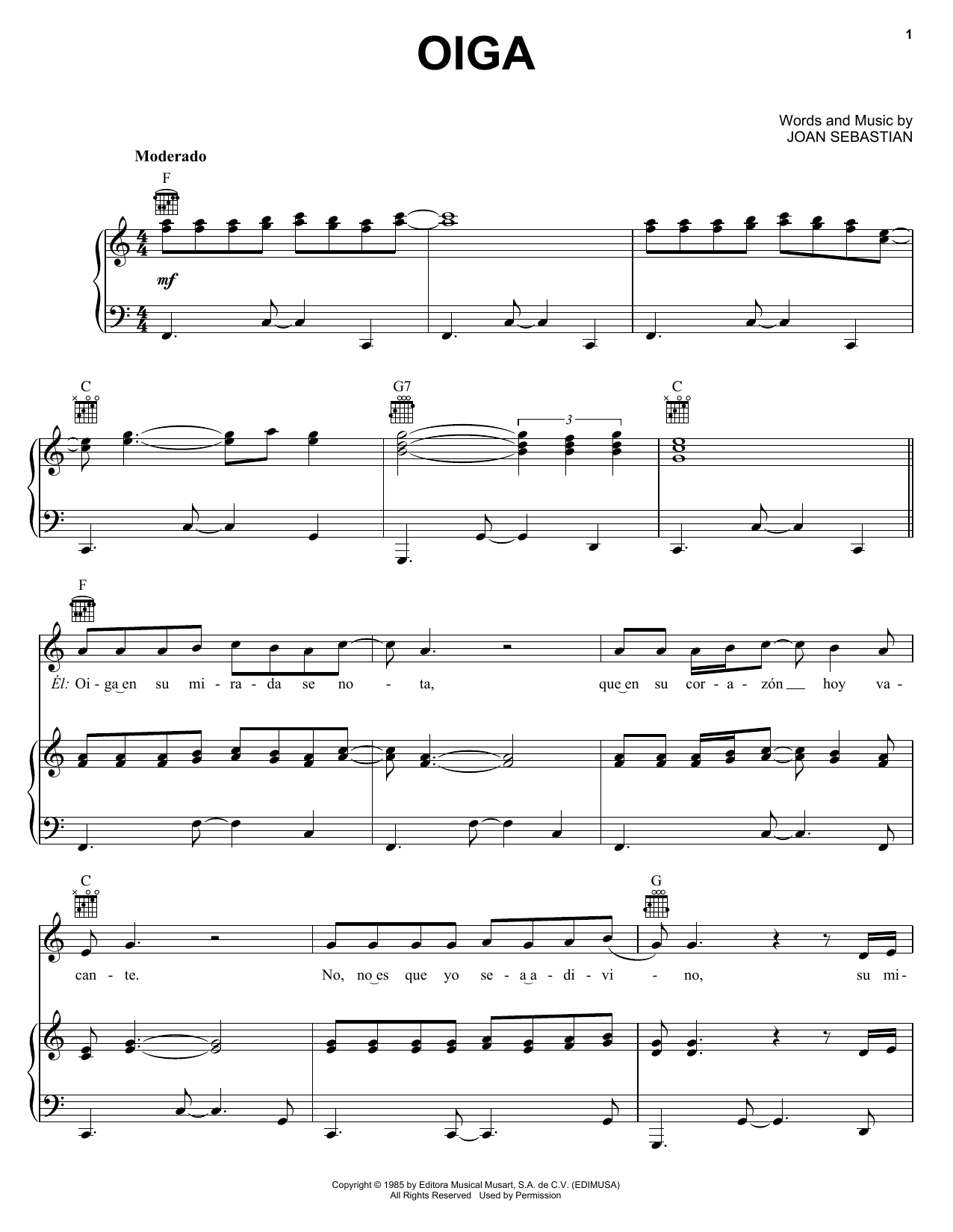 Download Joan Sebastian Oiga Sheet Music and learn how to play Piano, Vocal & Guitar (Right-Hand Melody) PDF digital score in minutes