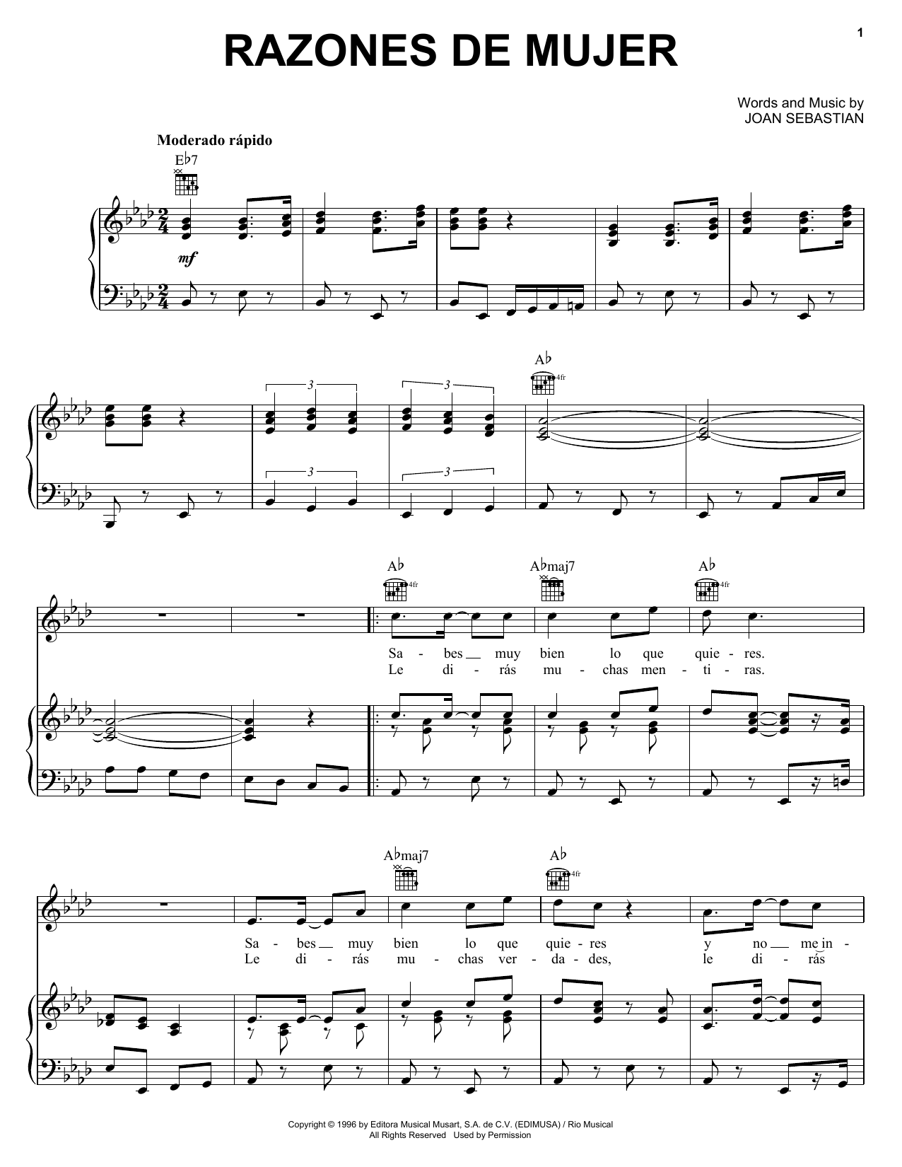 Download Joan Sebastian Razones De Mujer Sheet Music and learn how to play Piano, Vocal & Guitar (Right-Hand Melody) PDF digital score in minutes