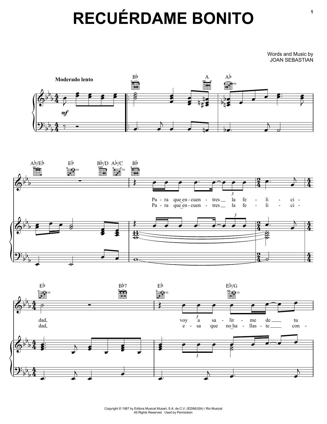Download Joan Sebastian Recúerdame Bonito Sheet Music and learn how to play Piano, Vocal & Guitar (Right-Hand Melody) PDF digital score in minutes