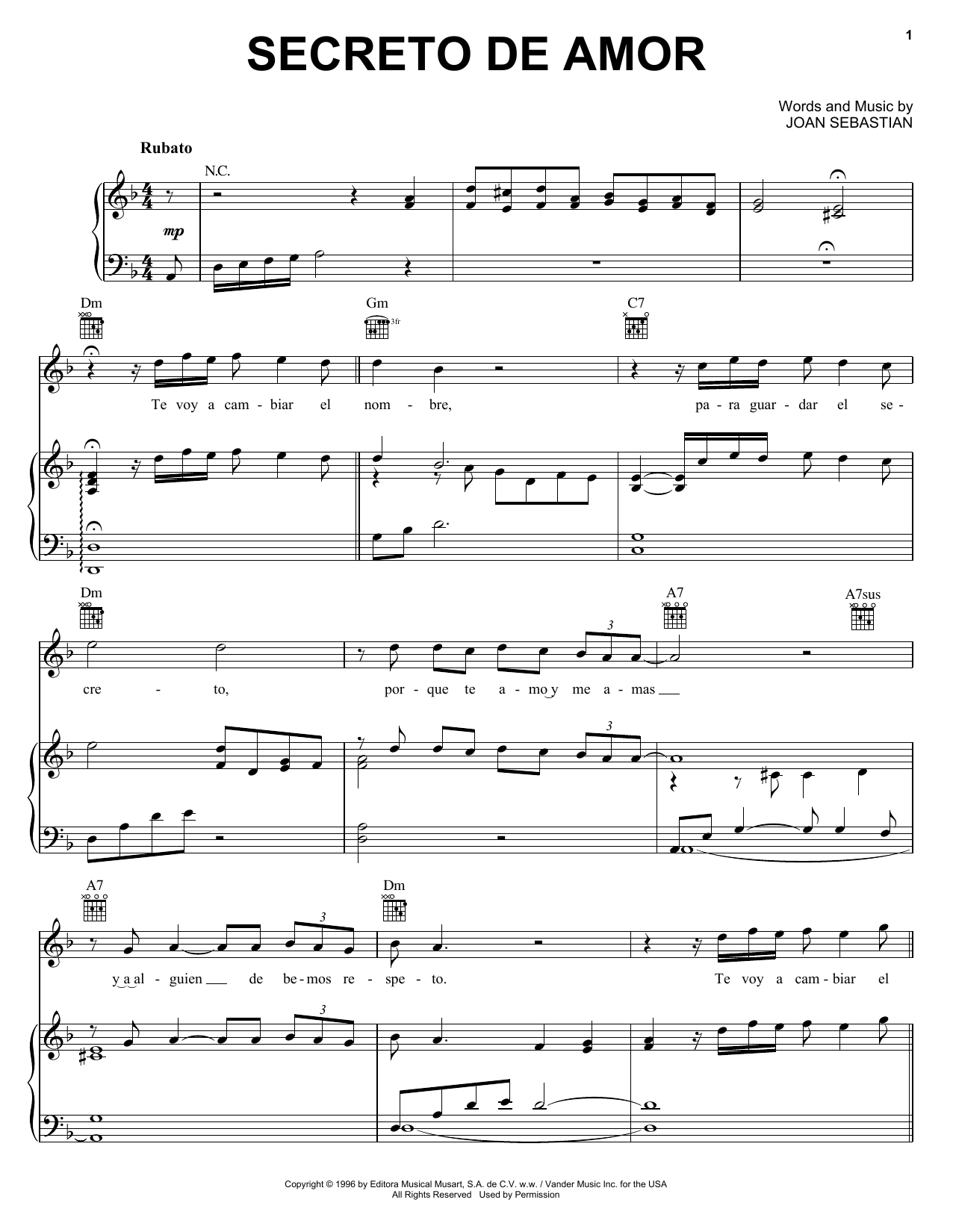 Download Joan Sebastian Secreto De Amor Sheet Music and learn how to play Piano, Vocal & Guitar (Right-Hand Melody) PDF digital score in minutes