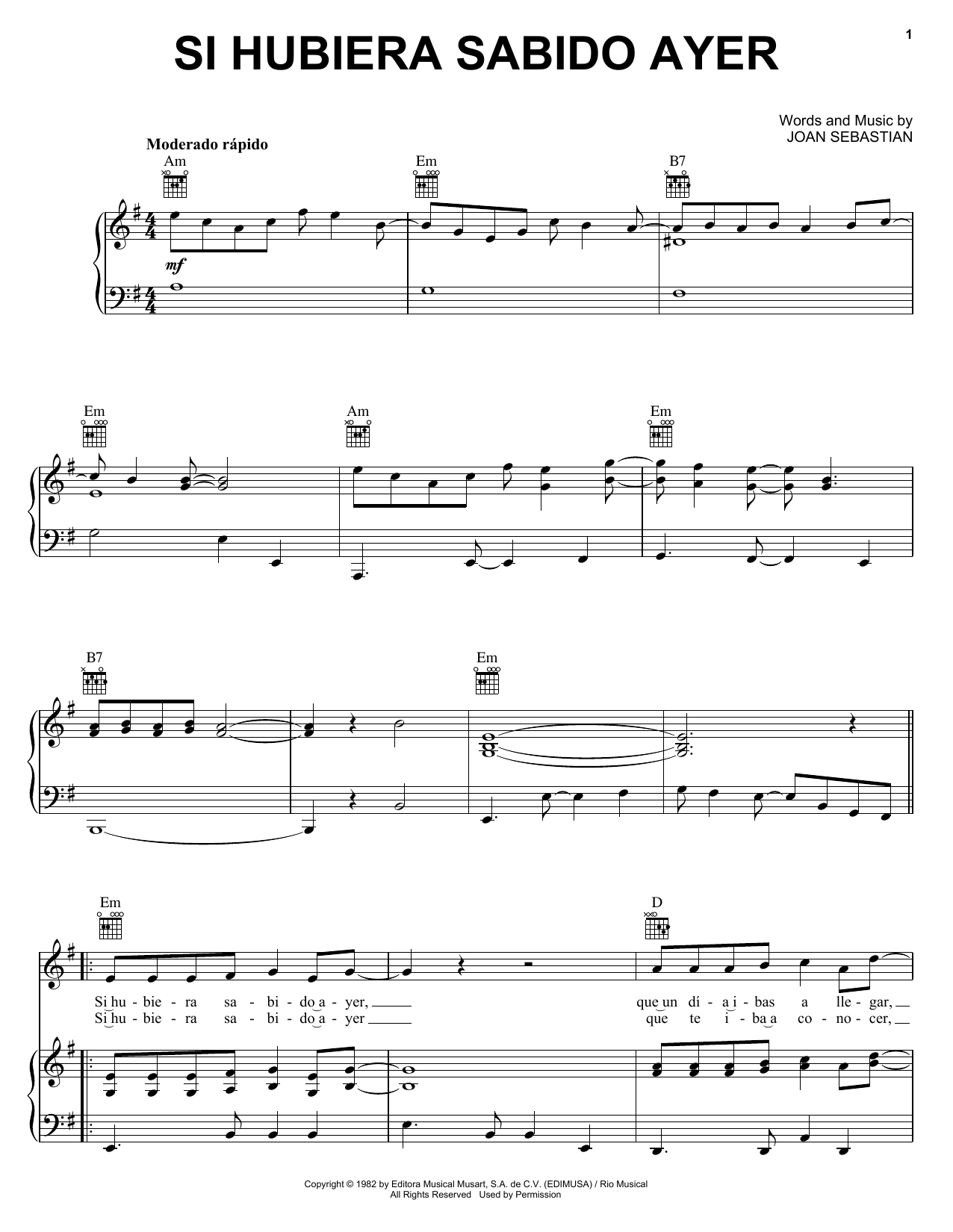Download Joan Sebastian Si Hubiera Sabido Ayer Sheet Music and learn how to play Piano, Vocal & Guitar (Right-Hand Melody) PDF digital score in minutes
