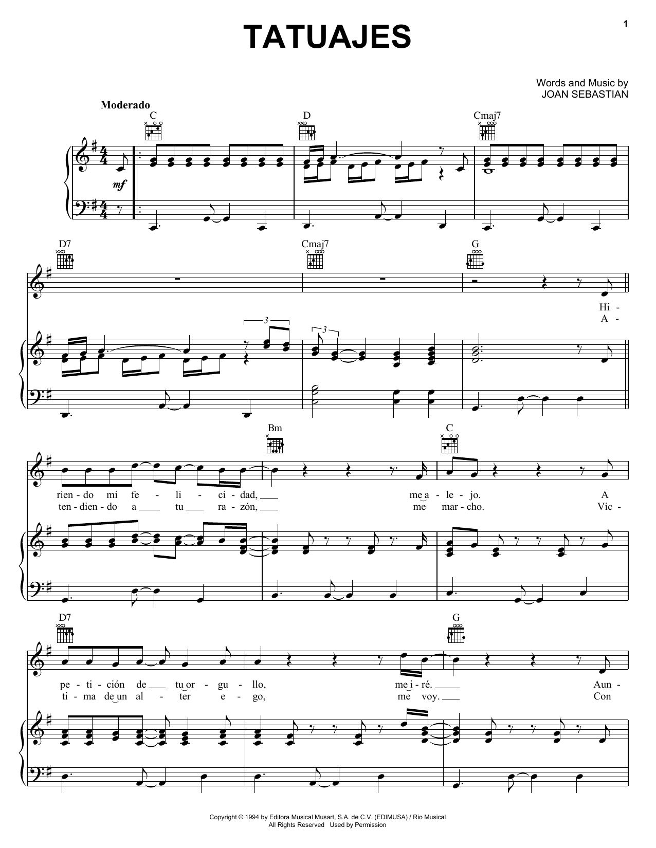 Download Joan Sebastian Tatuajes Sheet Music and learn how to play Piano, Vocal & Guitar (Right-Hand Melody) PDF digital score in minutes