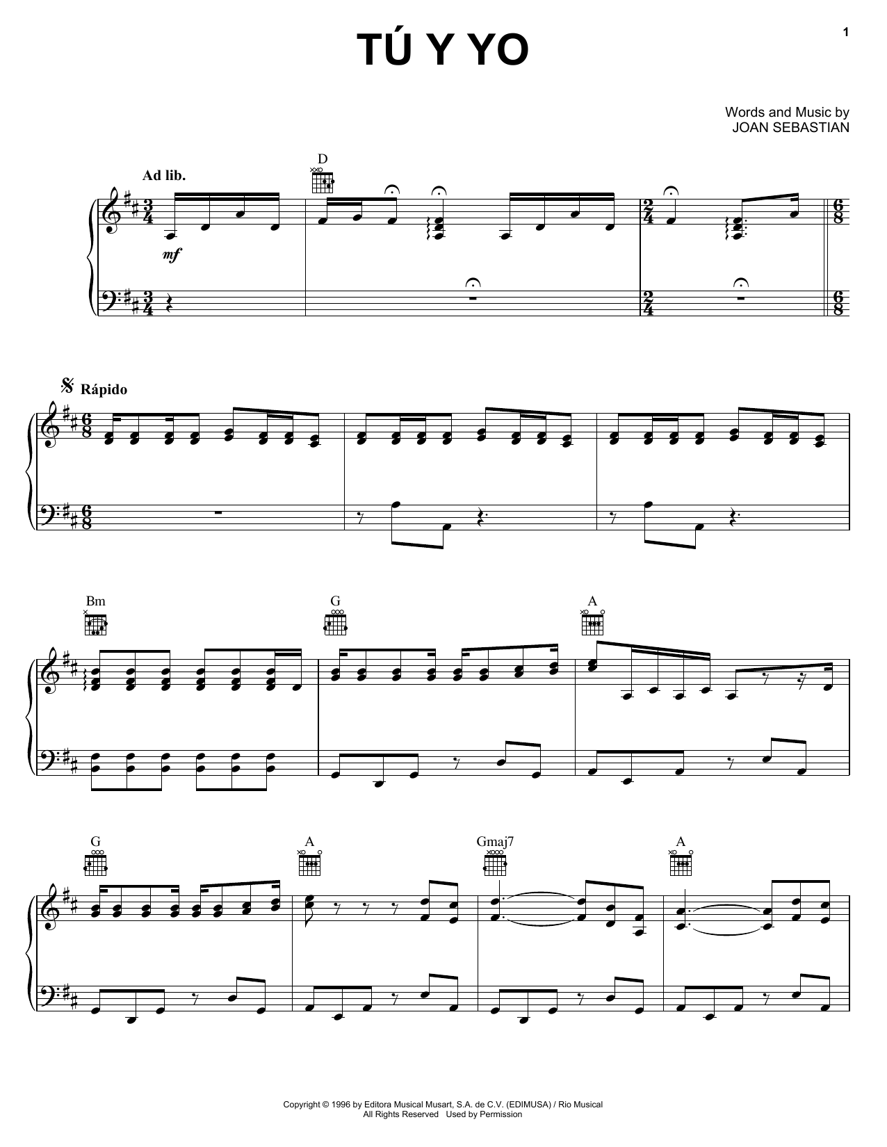 Download Joan Sebastian Tú Y Yo Sheet Music and learn how to play Piano, Vocal & Guitar (Right-Hand Melody) PDF digital score in minutes