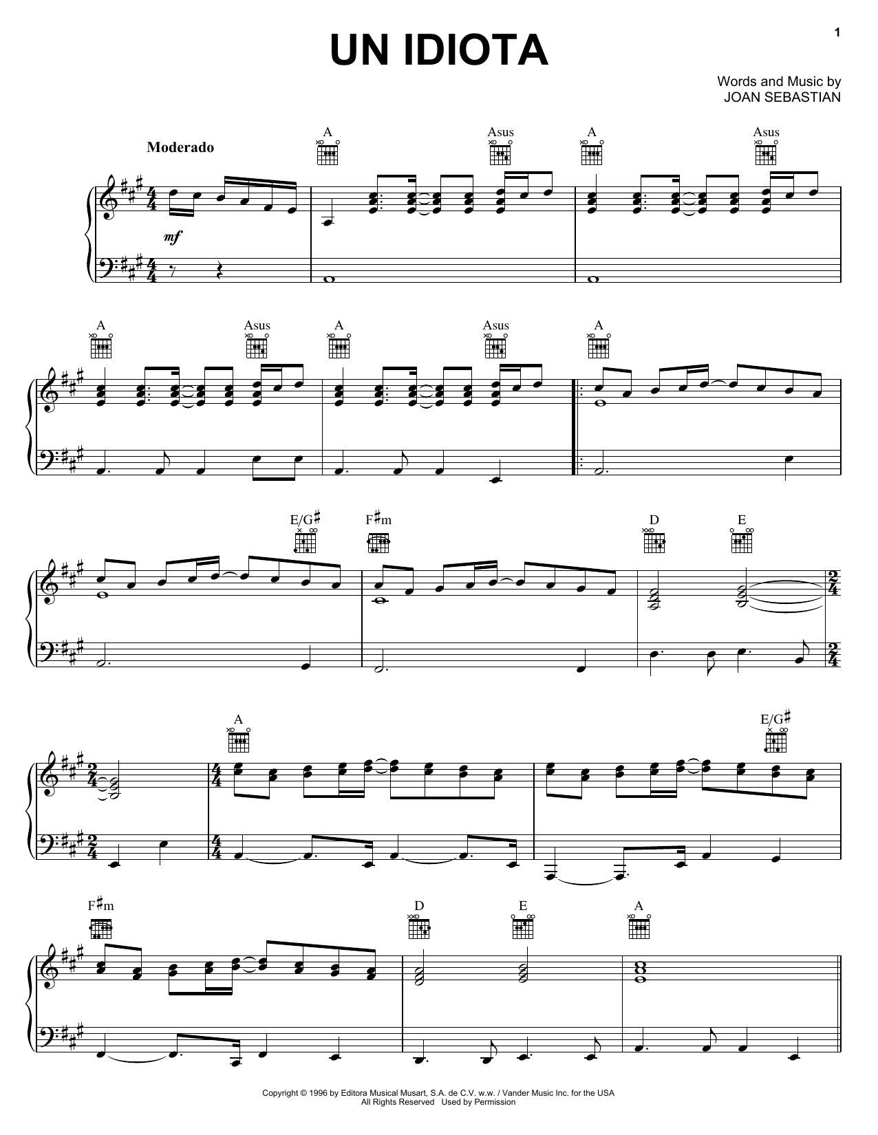 Download Joan Sebastian Un Idiota Sheet Music and learn how to play Piano, Vocal & Guitar (Right-Hand Melody) PDF digital score in minutes