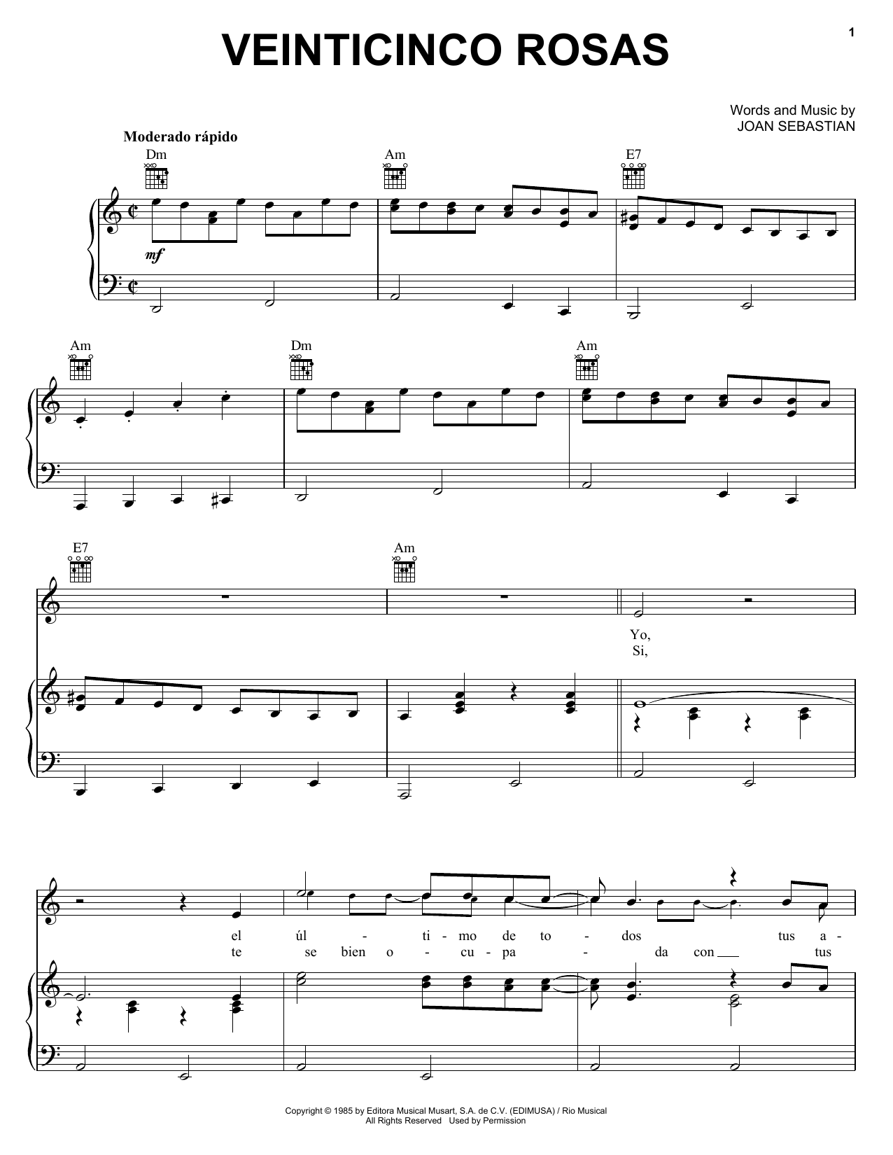 Download Joan Sebastian Veinticinco Rosas Sheet Music and learn how to play Piano, Vocal & Guitar (Right-Hand Melody) PDF digital score in minutes