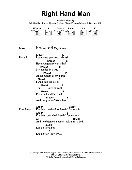 Download Joan Osbourne Right Hand Man Sheet Music and learn how to play Lyrics & Chords PDF digital score in minutes