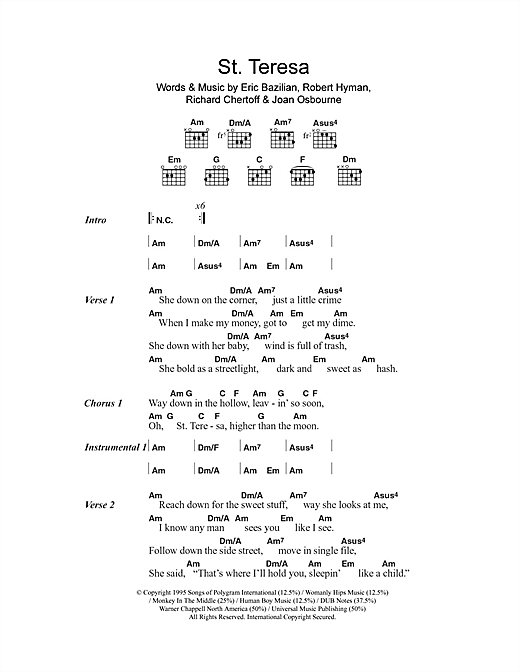 Download Joan Osbourne St. Teresa Sheet Music and learn how to play Lyrics & Chords PDF digital score in minutes