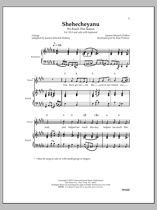 Download Joanna Sulznick Dulkin Shehecheyanu Sheet Music and learn how to play SSA Choir PDF digital score in minutes