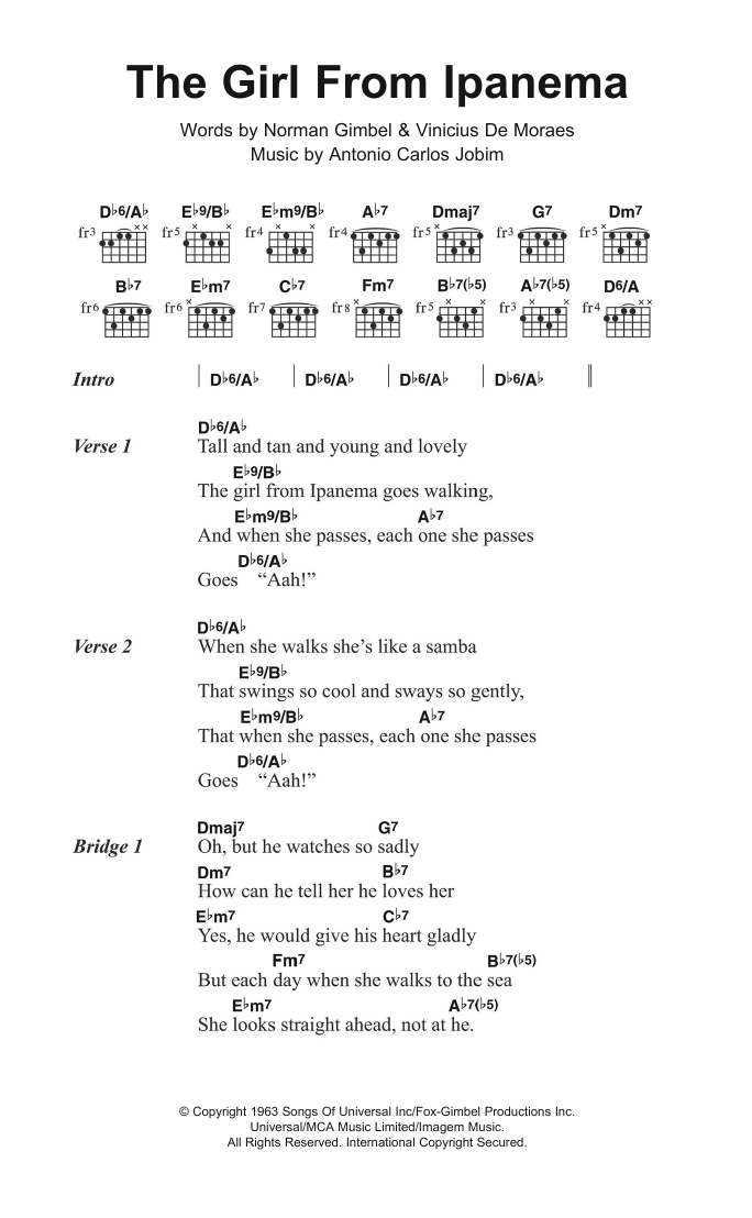 Download Joao Gilberto The Girl From Ipanema (feat. Astrud Gilberto) Sheet Music and learn how to play Lyrics & Chords PDF digital score in minutes