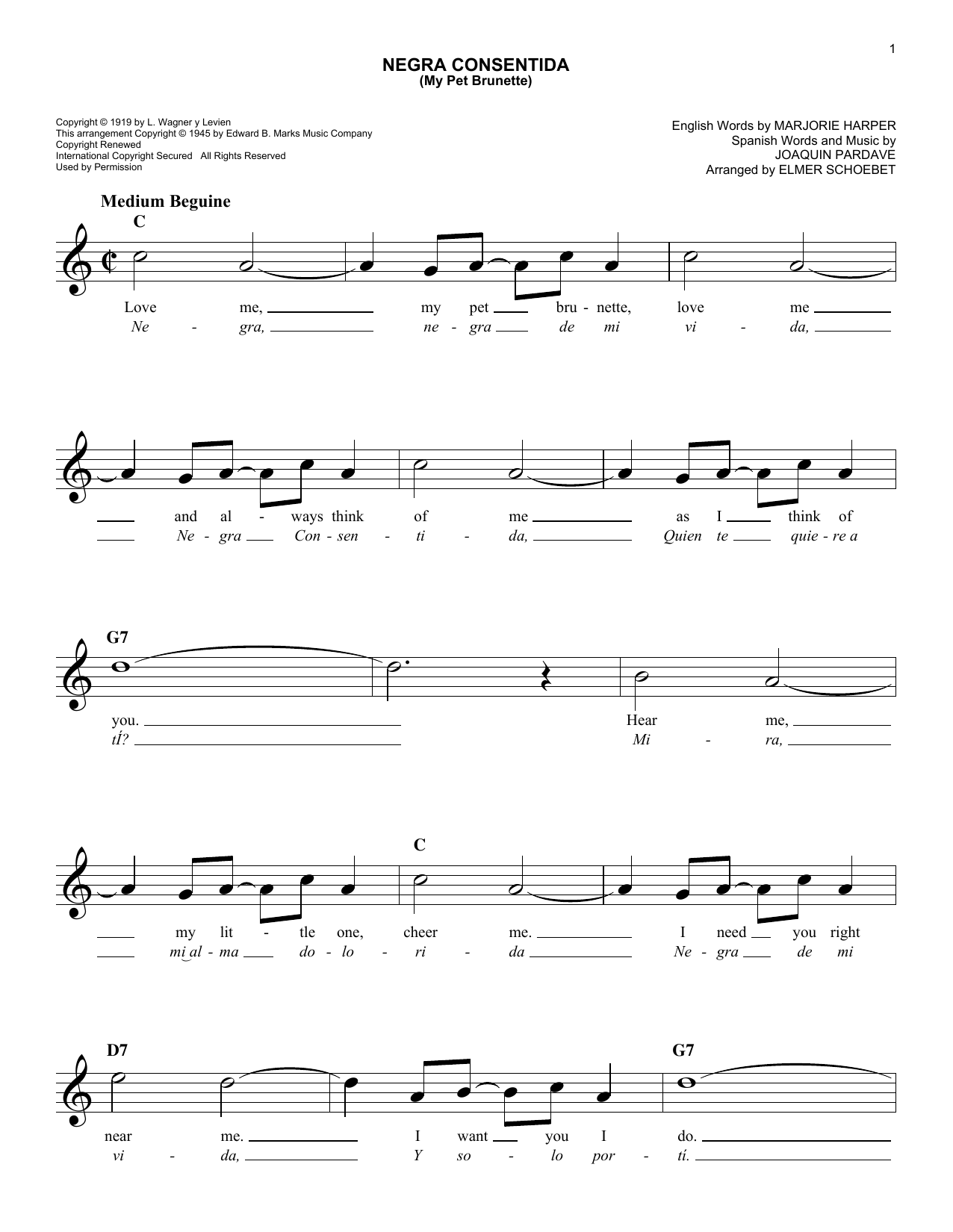 Download Joaquin Pardave Negra Consentida (My Pet Brunette) Sheet Music and learn how to play Melody Line, Lyrics & Chords PDF digital score in minutes