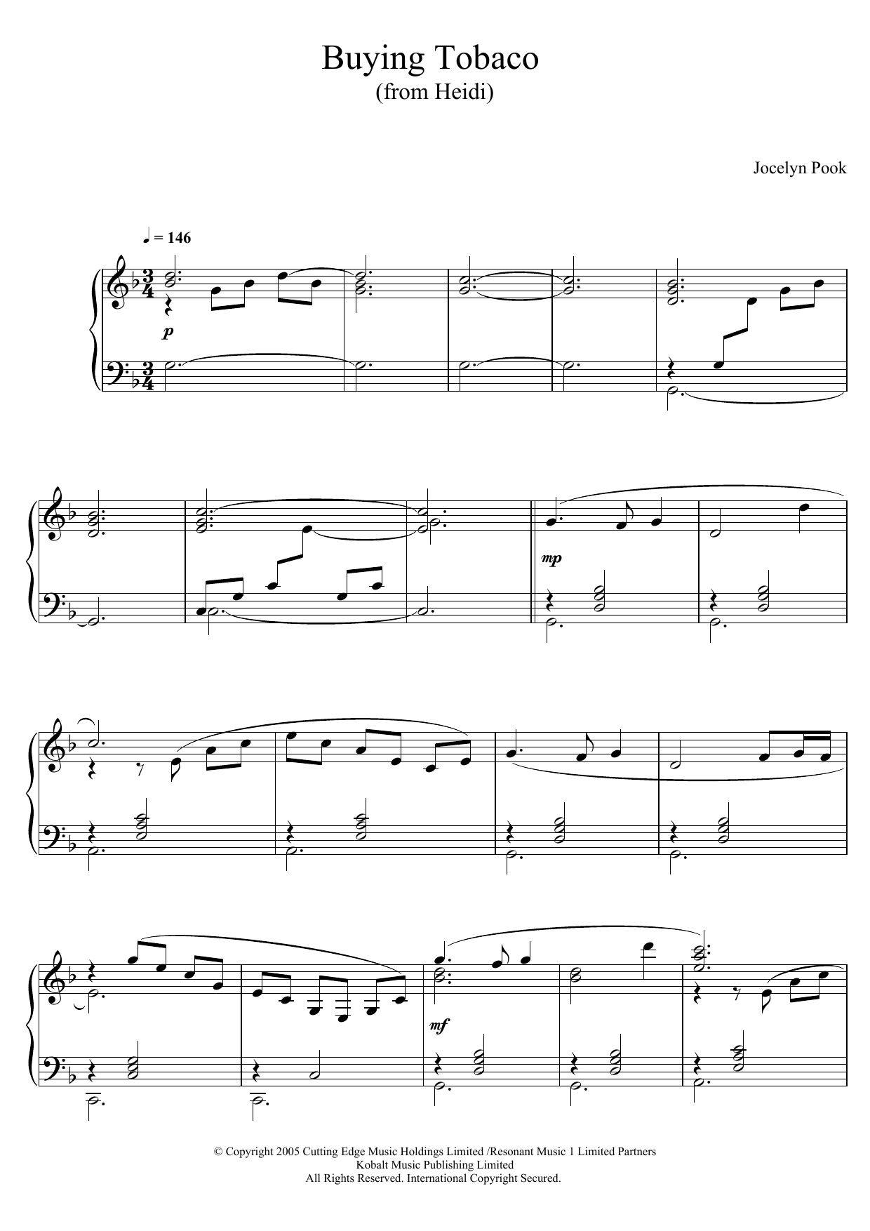 Download Jocelyn Pook Buying Tobaco (From 'Heidi') Sheet Music and learn how to play Piano PDF digital score in minutes