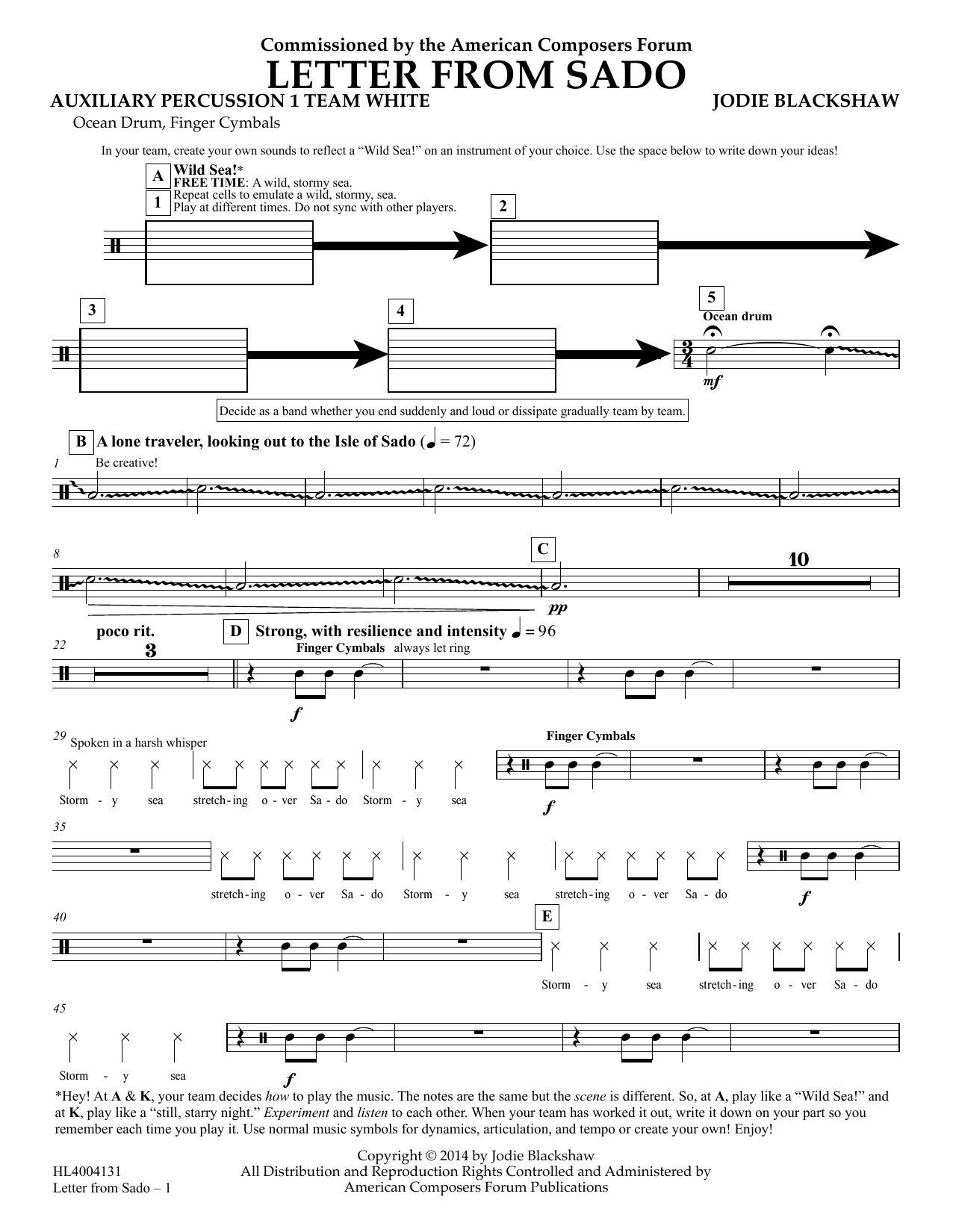 Download Jodie Blackshaw Letter from Sado - Aux Perc 1 Team White Sheet Music and learn how to play Concert Band PDF digital score in minutes