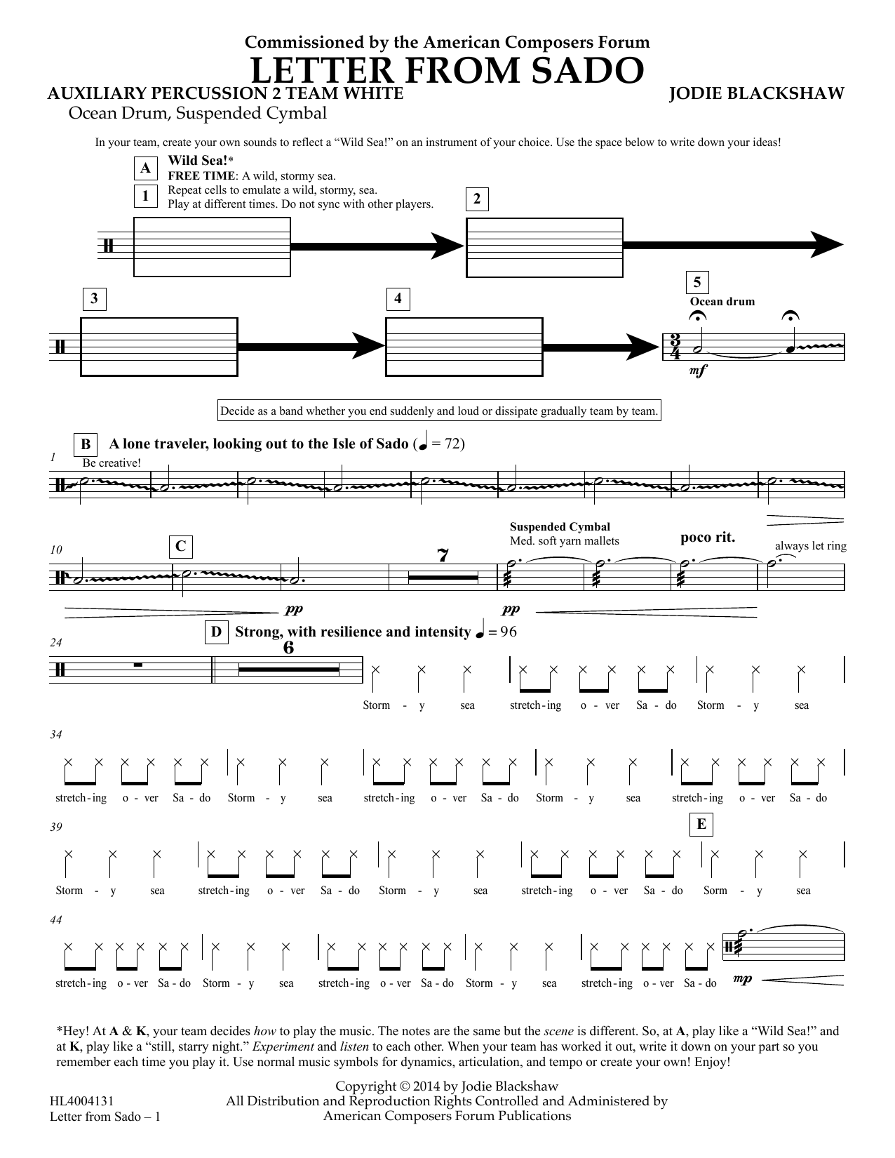 Download Jodie Blackshaw Letter from Sado - Aux Perc 2 Team White Sheet Music and learn how to play Concert Band PDF digital score in minutes