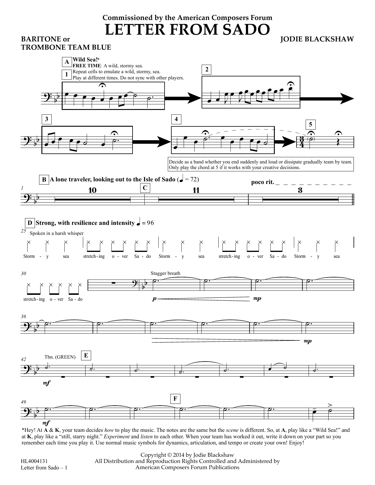 Download Jodie Blackshaw Letter from Sado - Baritone or Trombone Team Blue Sheet Music and learn how to play Concert Band PDF digital score in minutes