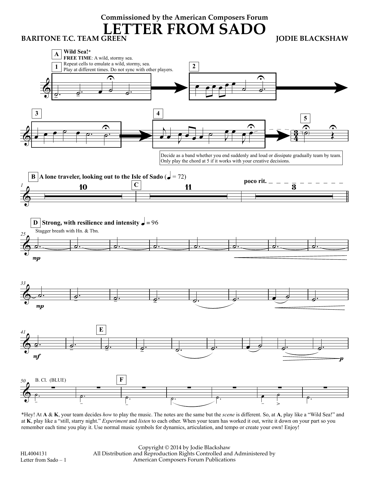 Download Jodie Blackshaw Letter from Sado - Baritone T.C. Team Green Sheet Music and learn how to play Concert Band PDF digital score in minutes