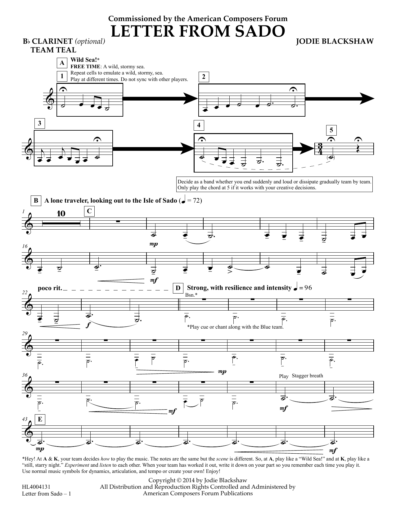 Download Jodie Blackshaw Letter from Sado - Bb Clarinet (opt) Team Teal Sheet Music and learn how to play Concert Band PDF digital score in minutes