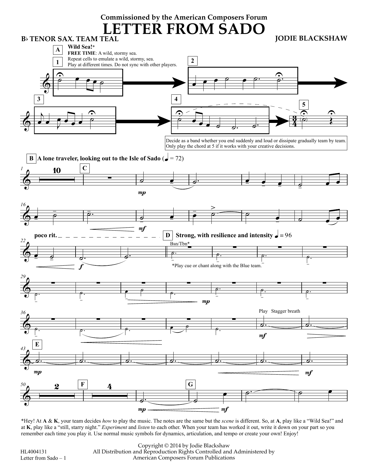 Download Jodie Blackshaw Letter from Sado - Bb Tenor Saxophone Team Teal Sheet Music and learn how to play Concert Band PDF digital score in minutes