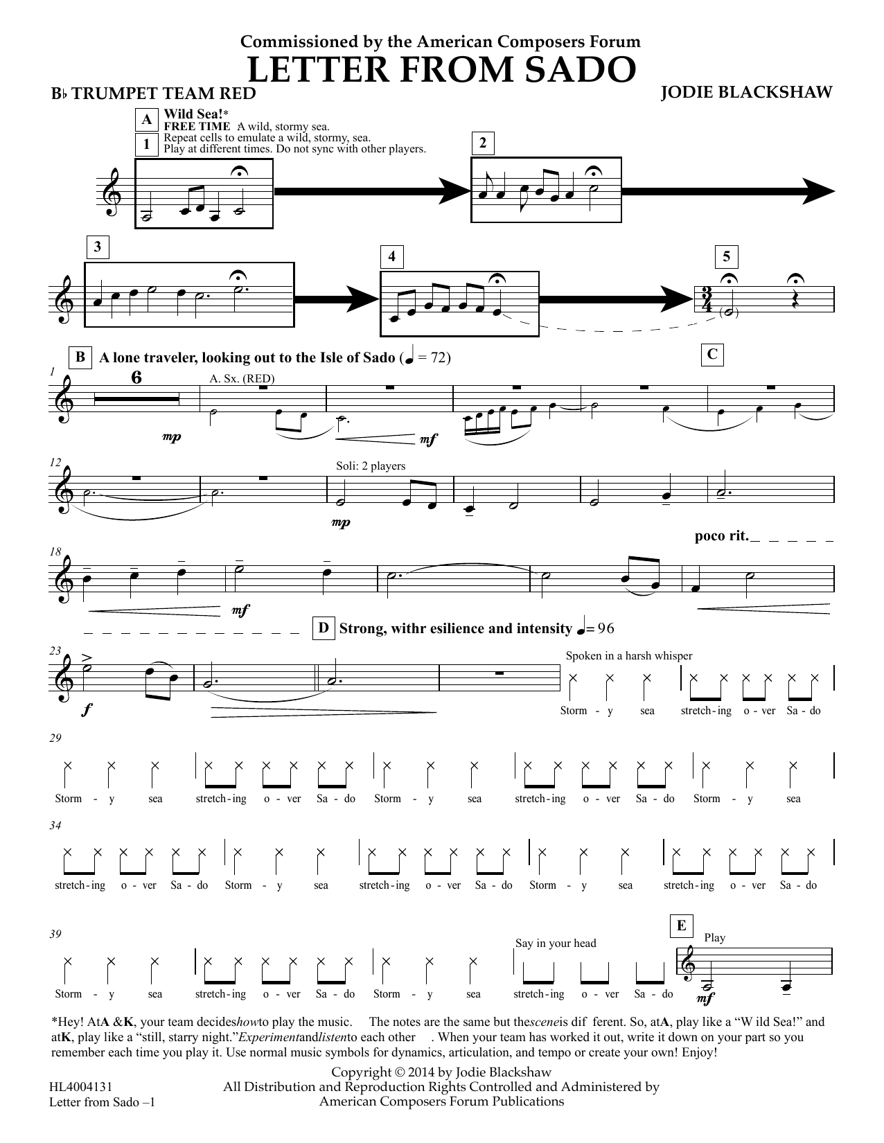 Download Jodie Blackshaw Letter from Sado - Bb Trumpet Team Red Sheet Music and learn how to play Concert Band PDF digital score in minutes