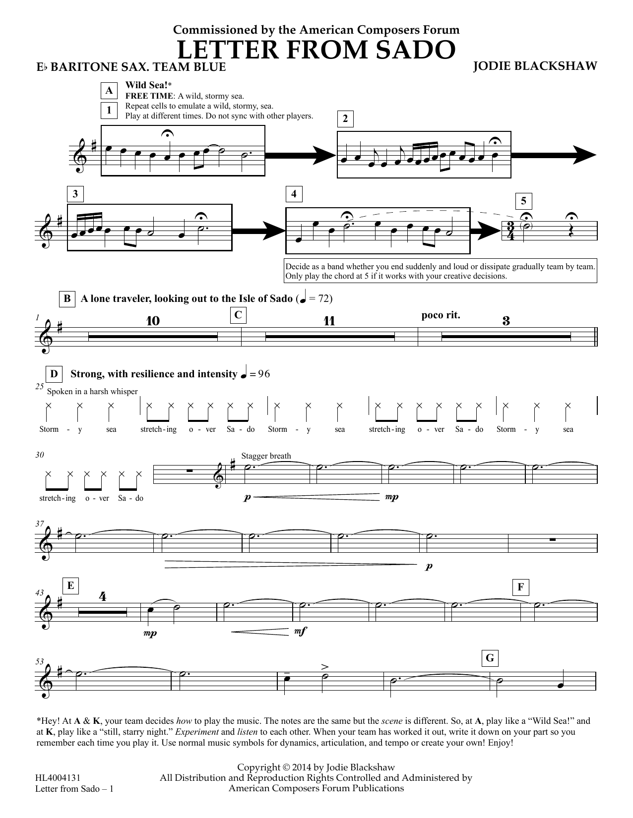 Download Jodie Blackshaw Letter from Sado - Eb Baritone Sax Team Blue Sheet Music and learn how to play Concert Band PDF digital score in minutes