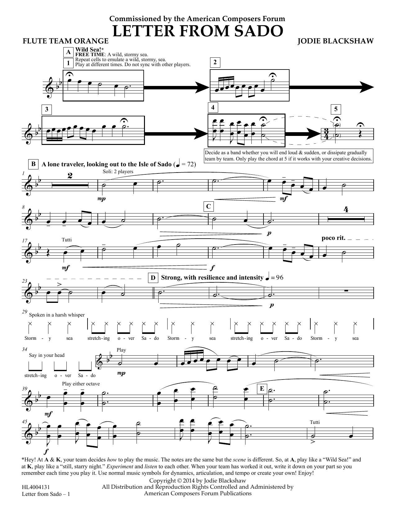 Download Jodie Blackshaw Letter from Sado - Flute Team Orange Sheet Music and learn how to play Concert Band PDF digital score in minutes