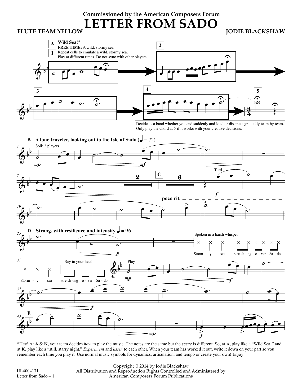 Download Jodie Blackshaw Letter from Sado - Flute Team Yellow Sheet Music and learn how to play Concert Band PDF digital score in minutes