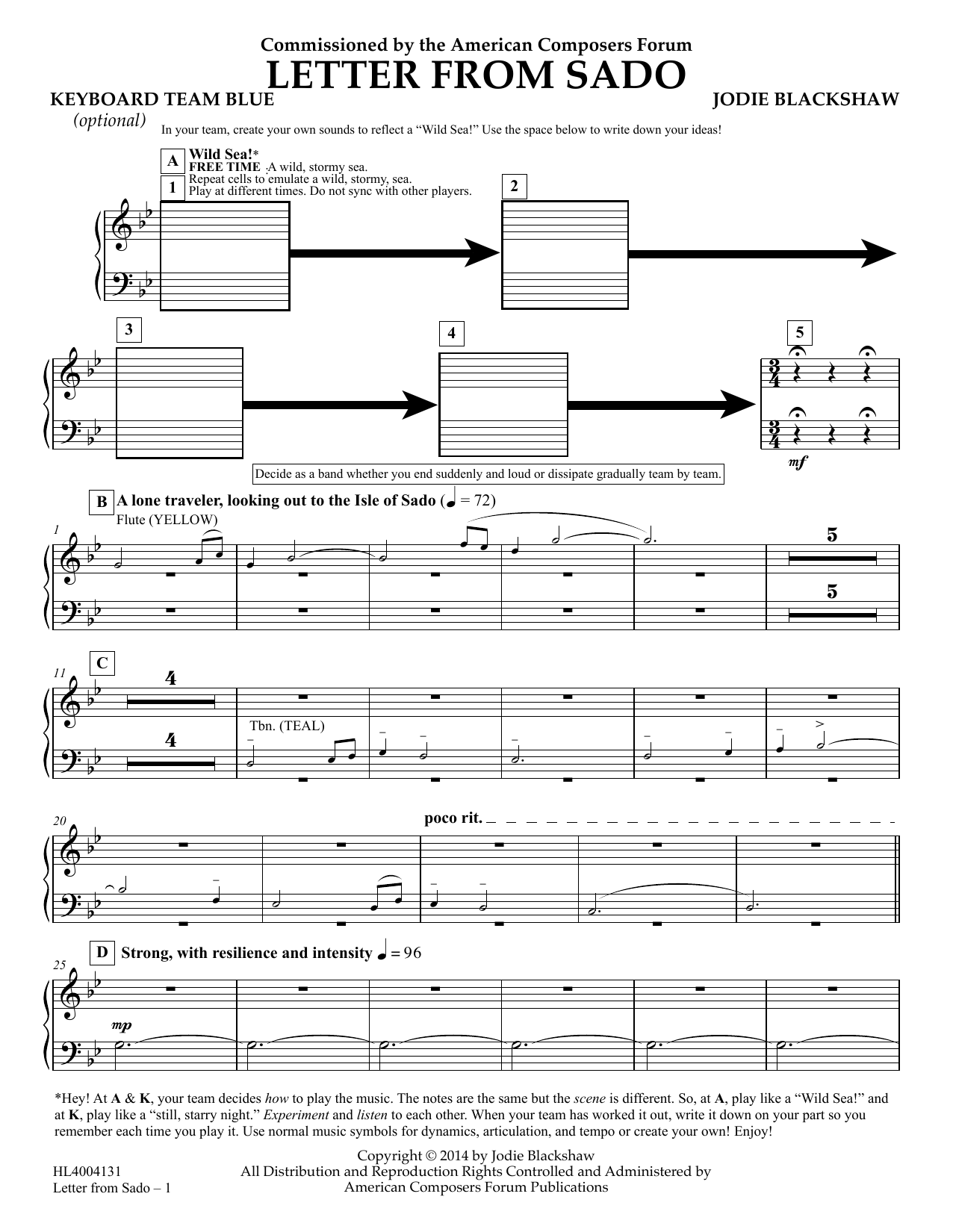 Download Jodie Blackshaw Letter from Sado - Keyboard (opt) Team Blue Sheet Music and learn how to play Concert Band PDF digital score in minutes
