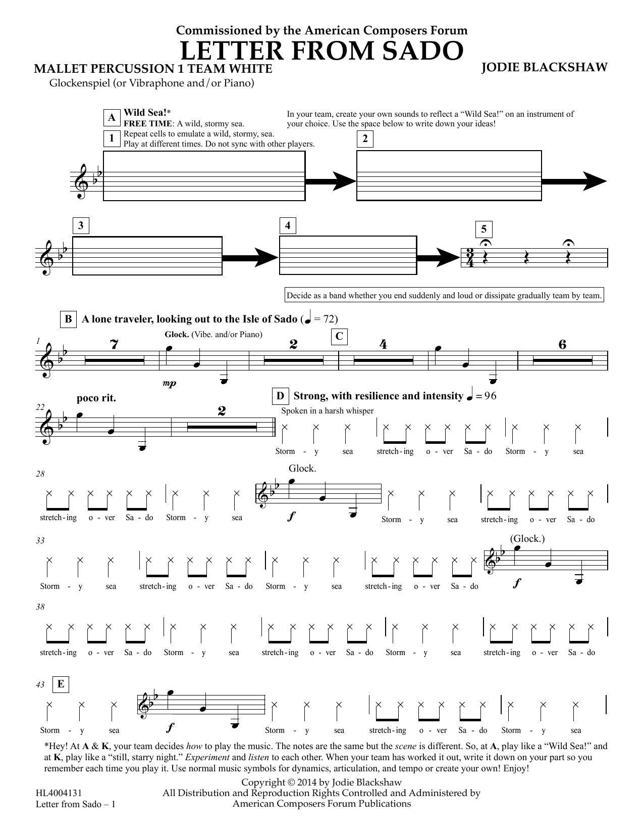 Download Jodie Blackshaw Letter from Sado - Mallet Perc 1 Bells Team White Sheet Music and learn how to play Concert Band PDF digital score in minutes