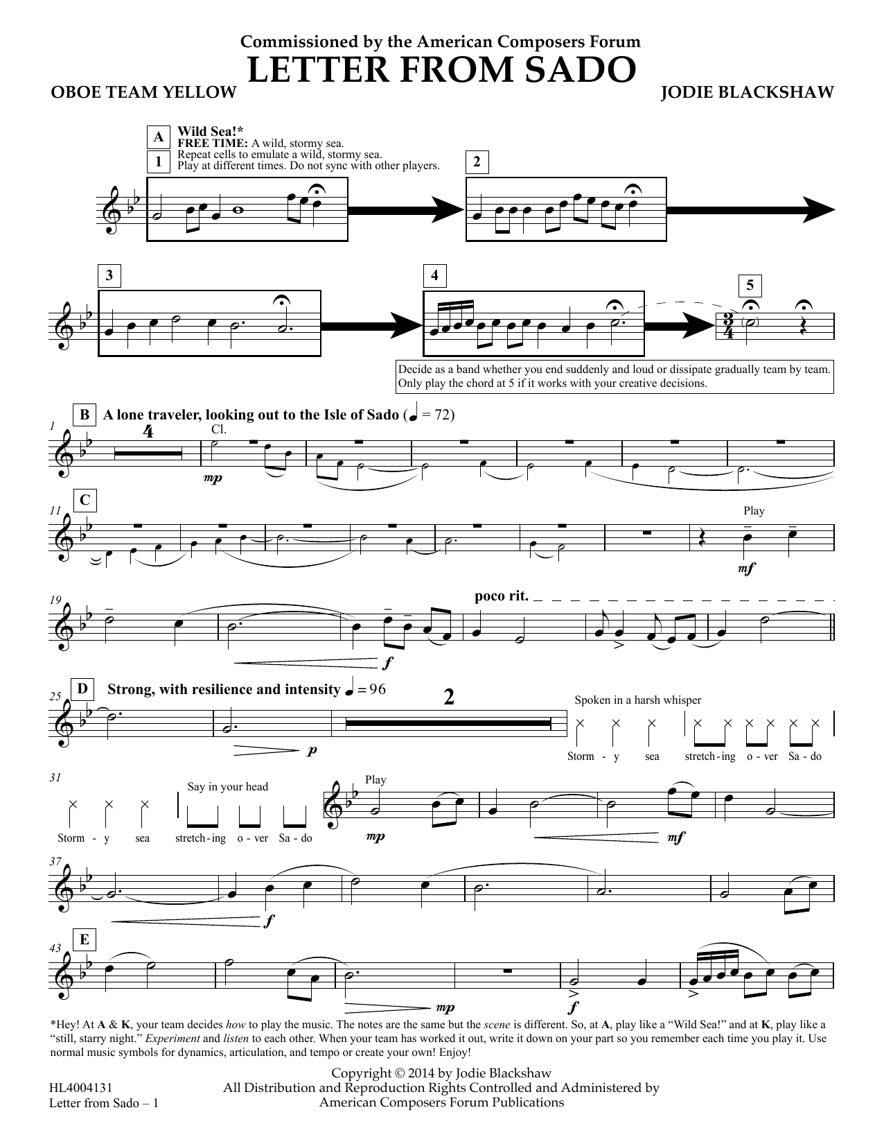 Download Jodie Blackshaw Letter from Sado - Oboe Team Yellow Sheet Music and learn how to play Concert Band PDF digital score in minutes