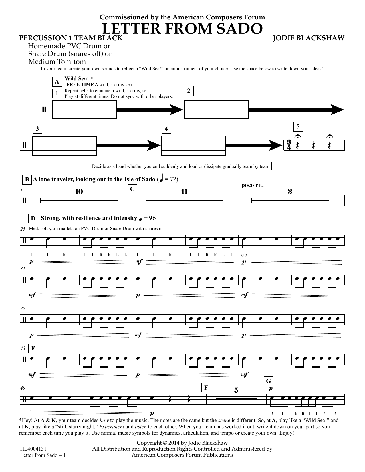 Download Jodie Blackshaw Letter from Sado - Percussion 1 Team Black Sheet Music and learn how to play Concert Band PDF digital score in minutes