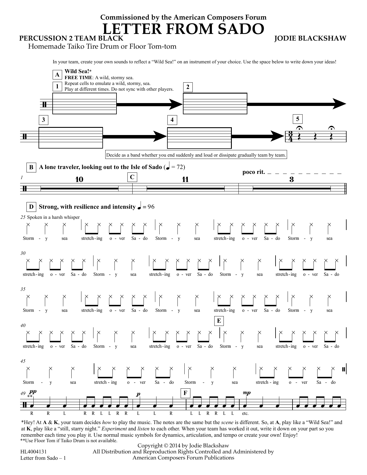 Download Jodie Blackshaw Letter from Sado - Percussion 2 Team Black Sheet Music and learn how to play Concert Band PDF digital score in minutes