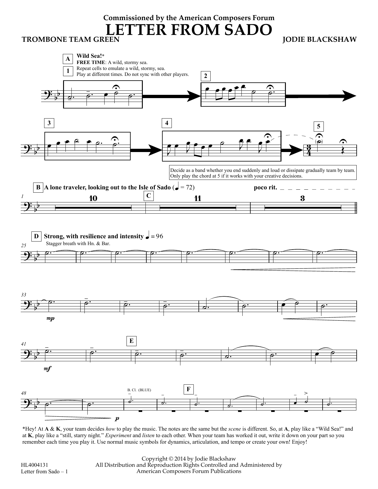 Download Jodie Blackshaw Letter from Sado - Trombone Team Green Sheet Music and learn how to play Concert Band PDF digital score in minutes