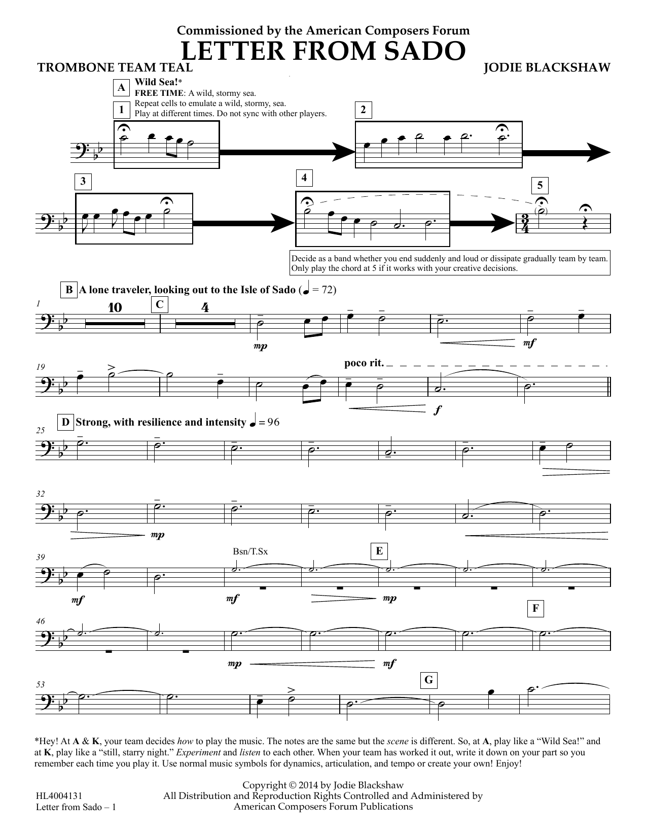 Download Jodie Blackshaw Letter from Sado - Trombone Team Teal Sheet Music and learn how to play Concert Band PDF digital score in minutes