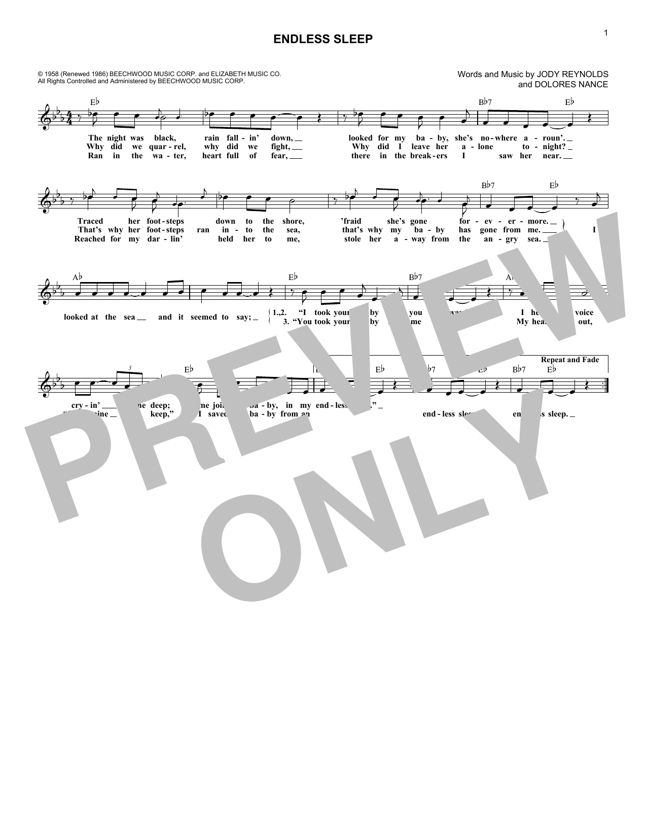 Download Jody Reynolds Endless Sleep Sheet Music and learn how to play Melody Line, Lyrics & Chords PDF digital score in minutes