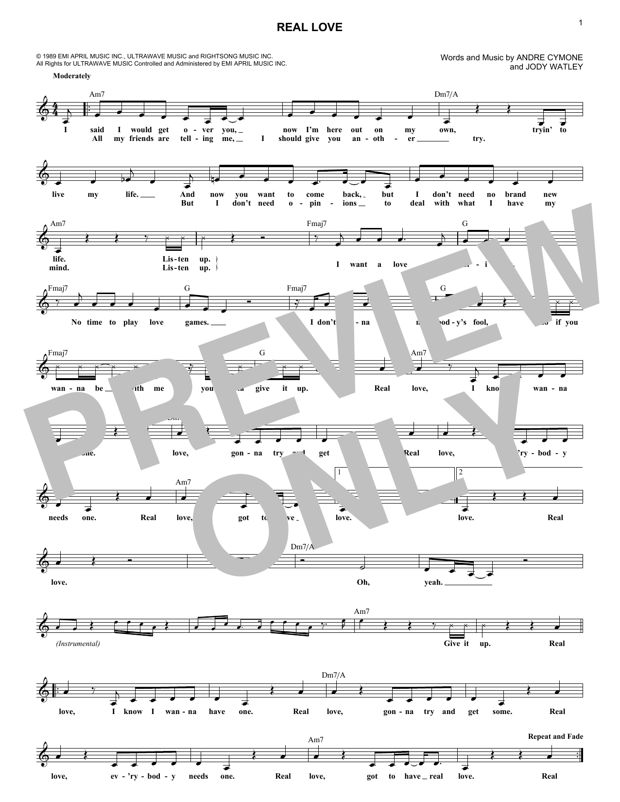 Download Jody Watley Real Love Sheet Music and learn how to play Melody Line, Lyrics & Chords PDF digital score in minutes